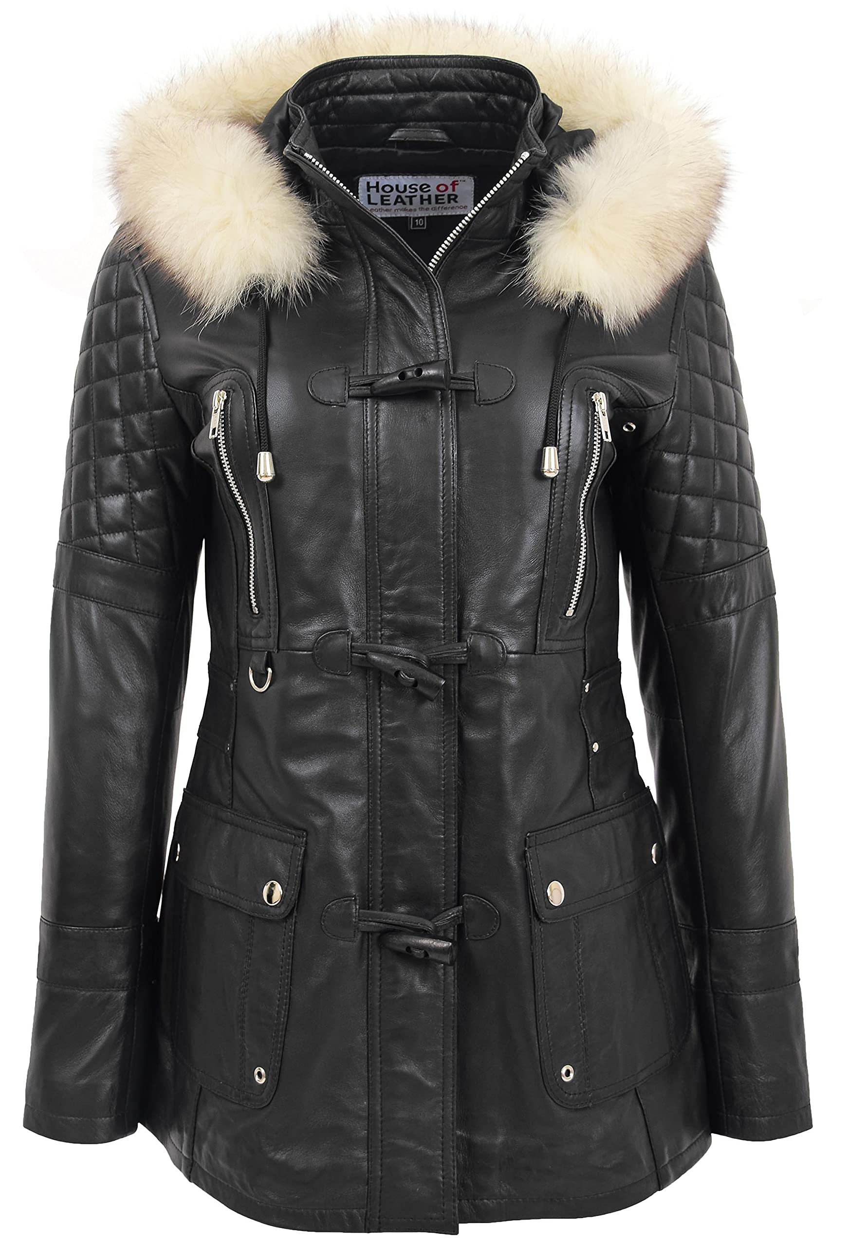 House Of Leather Women's Black Real Leather Duffle Coat Detachable Hoodie Parka Ariel (18, )