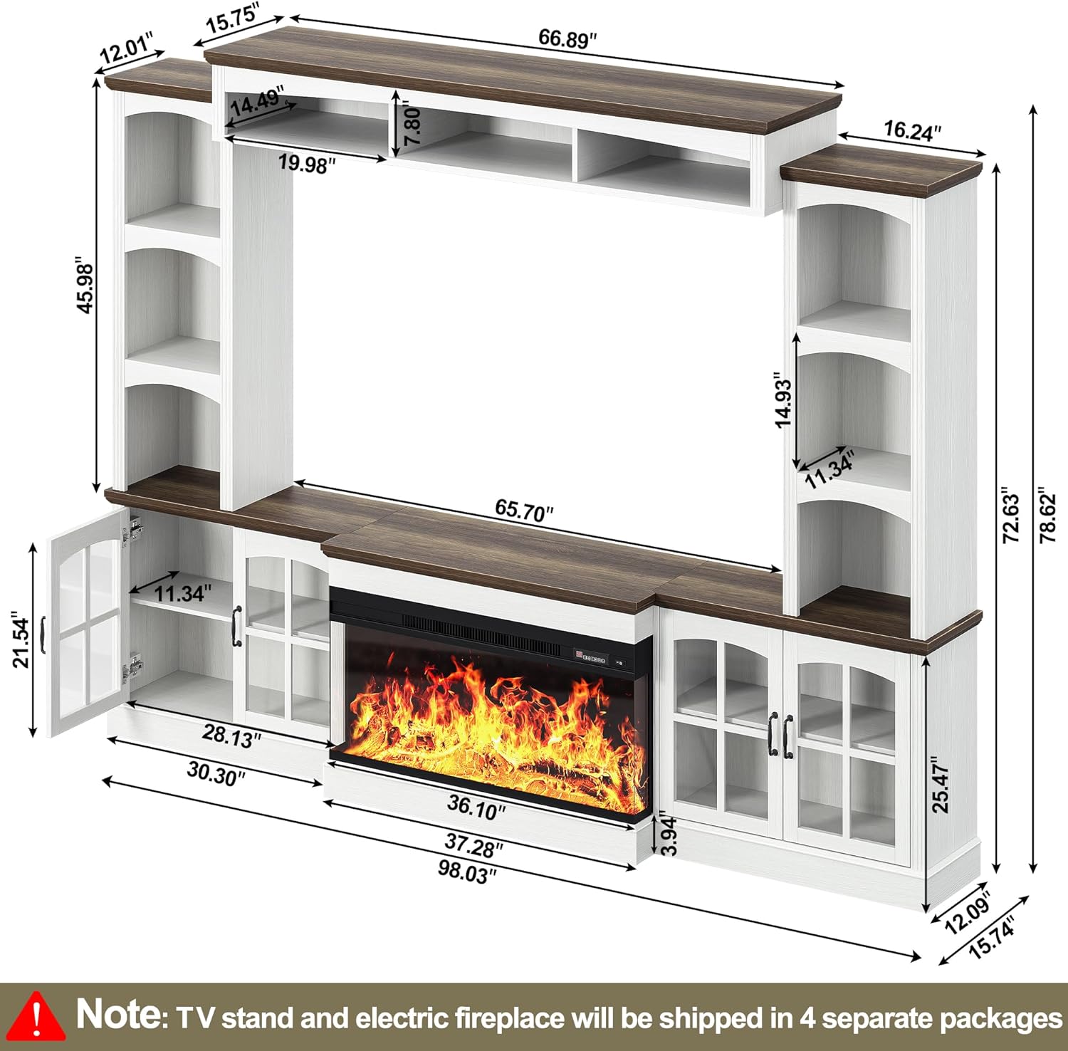 98" Farmhouse TV Stand with 36" Electric Fireplace, Bookshelves, Fits 75" TVs, Entertainment Center with Storage Cabinet, Large Wall Unit Media Console for Living Room, White