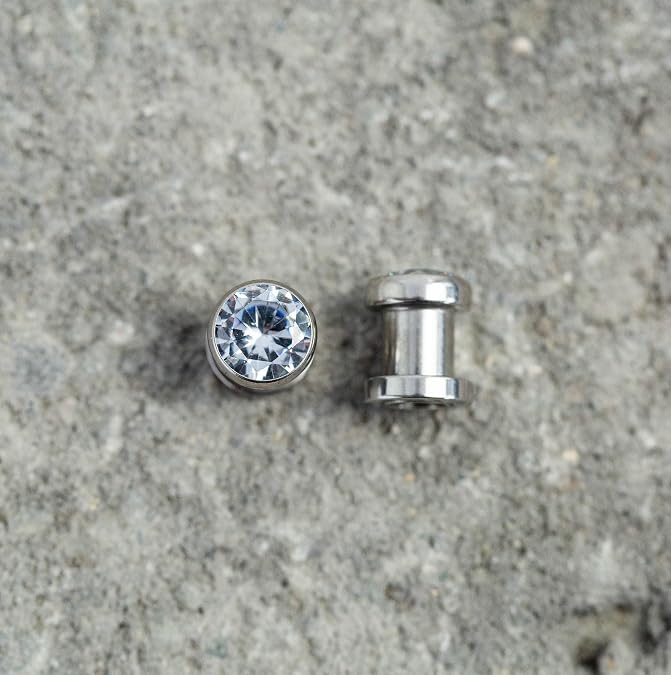 Pierced Owl - Stainless Steel Bezel Set Clear Gem Screw Fit Plug Gauges, Sold As Pair