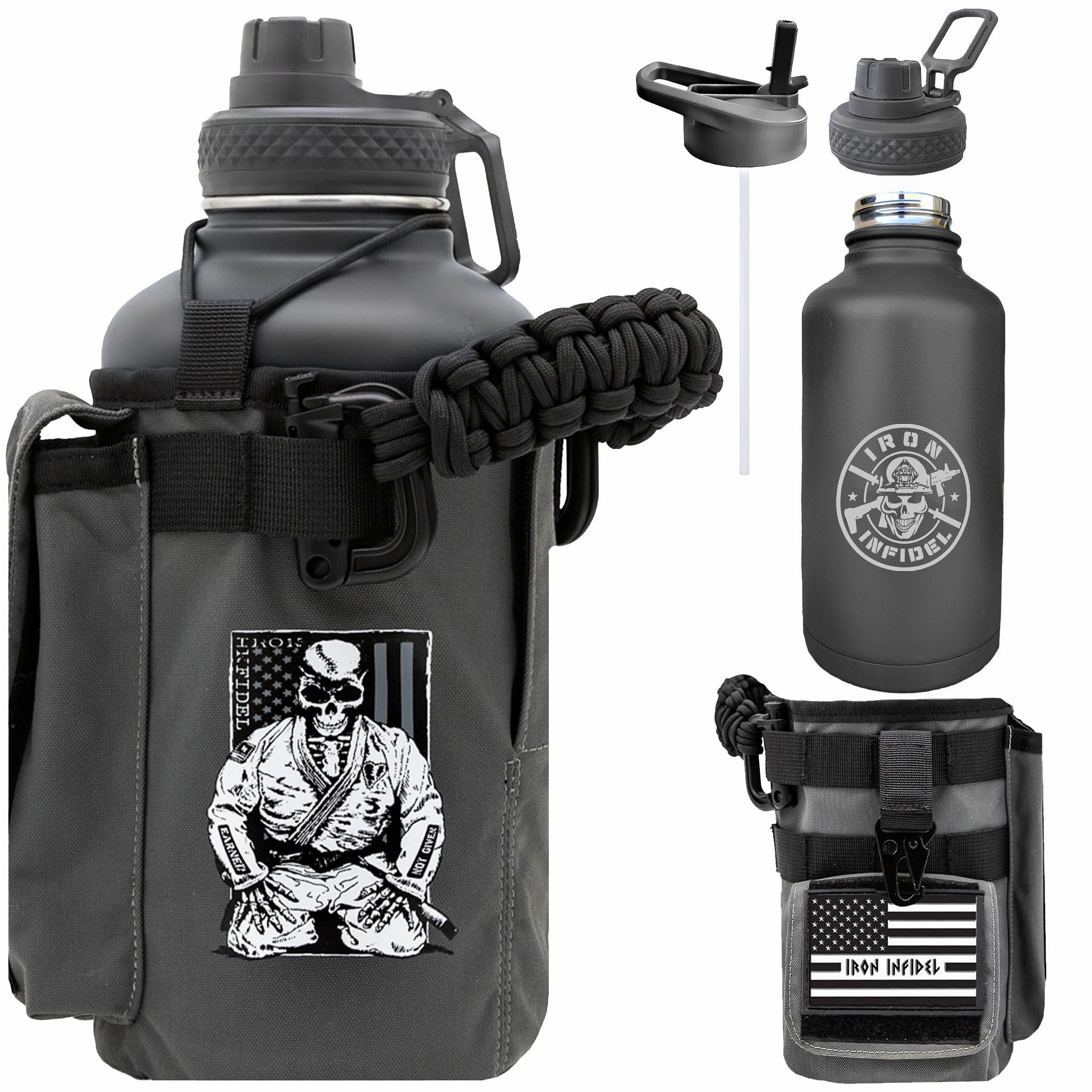 Iron Infidel Battle Bottle - Half Gallon Water Bottle Insulated, 64 oz Stainless Steel Water Jug with Handle - Gym Water Bottle for Men with Rugged Sleeve for Storage (Earned, Not Given 2 Liter)