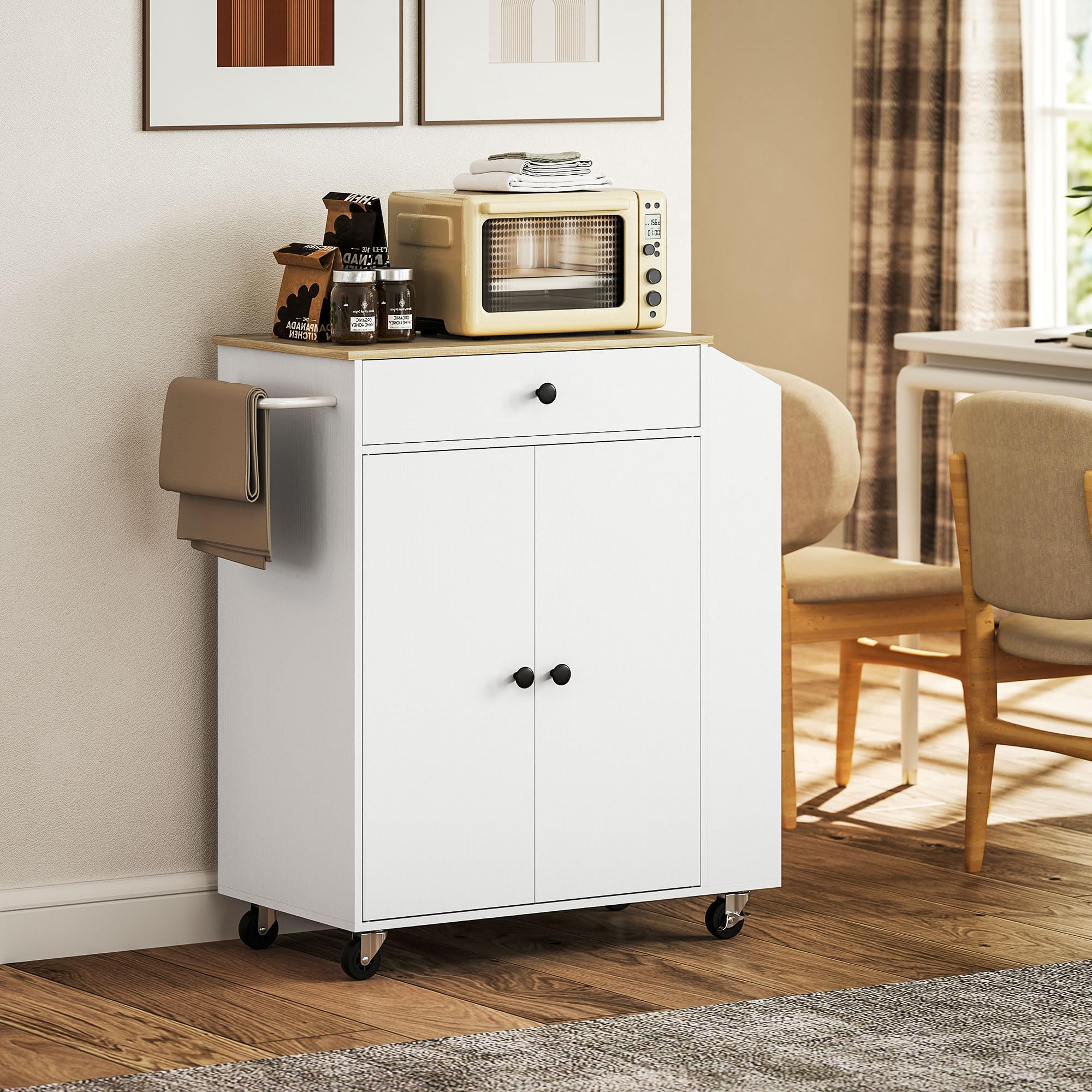 HOMCOM Îlot Central Cuisine Mobile, desserte Cuisine avec tiroir, étagère réglable, Placard à Deux Portes, Barre à Serviettes et étagères à épices pour Salle à Manger, Blanc