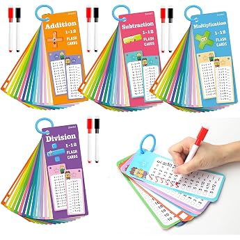 APOMOONS 4 Books Maths Cards Flashcards Children with 8 Erasable Pens Wipe Clean Math Flashcards for Addition Subtraction Multiplication Division Learning Calculation Aid Multiplication Board