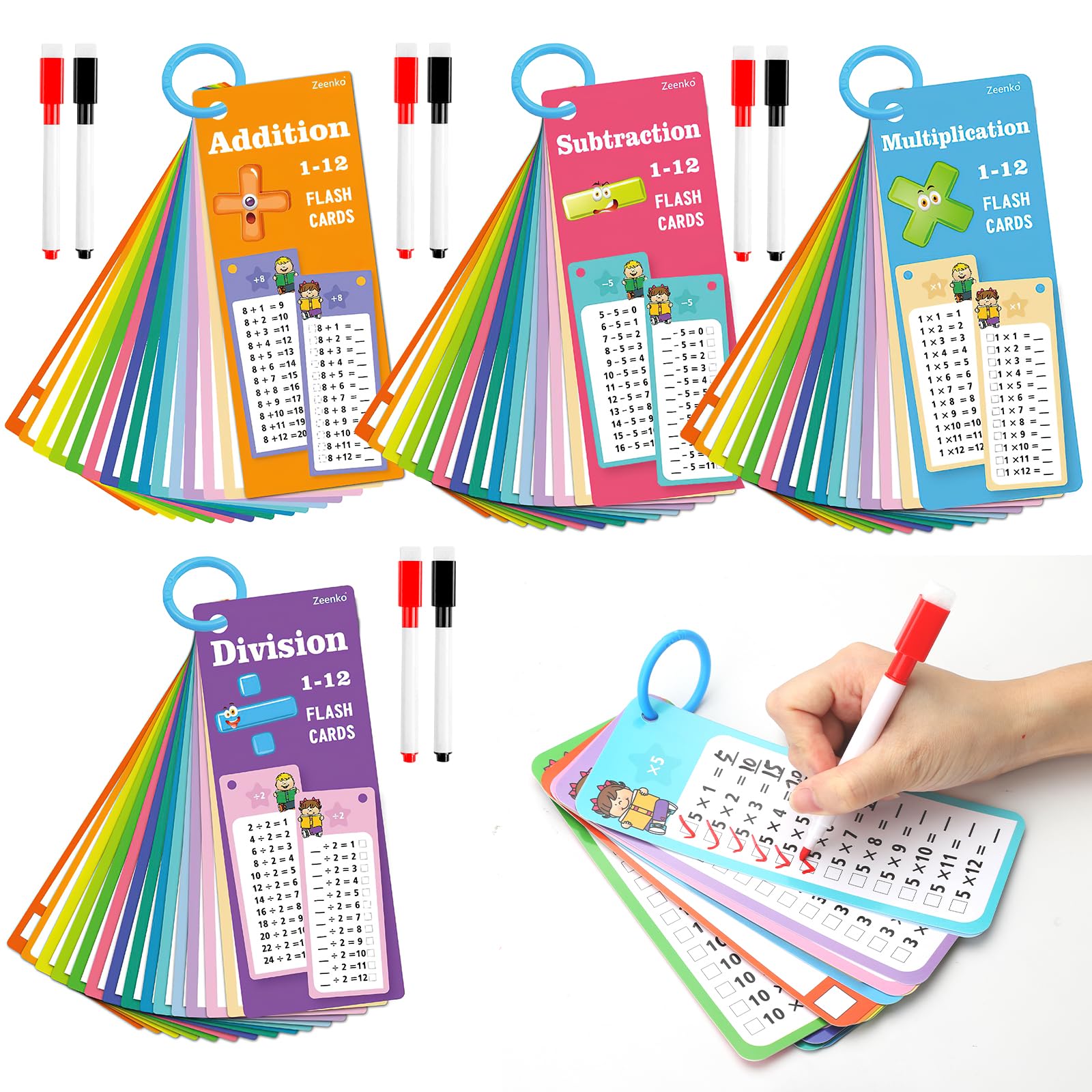 APOMOONS 4 Livres Cartes d'apprentissage avec 8 Feutres Effaçables, Table de Multiplication, Mathématiques pour Apprendre L'addition Soustraction Multiplication et Division