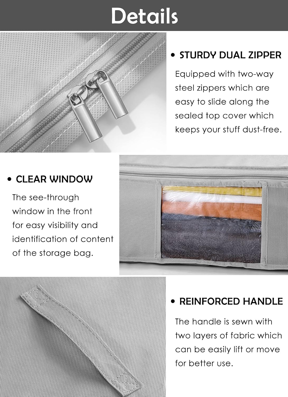 AYOTEE Under Bed Storage Bag, 4 Pack 35L Slim Foldable Clothing Storage Bags, Foldable Blanket Storage Bags with Zippers & Clear Window, Fabric Under Bed Clothes Storage Bag for Store Bedding Clothes, Comforters, Blankets (Grey)
