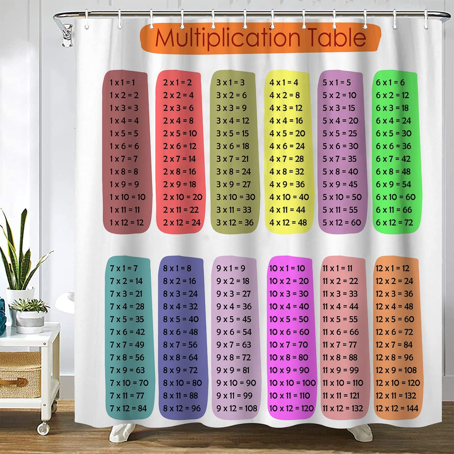Gaakvrr Shower Curtain Math Multiplication Table 1-12 Educational Waterproof Bathroom Curtain Set with 12 Hooks for Kid's Bathroom (180x180 cm)