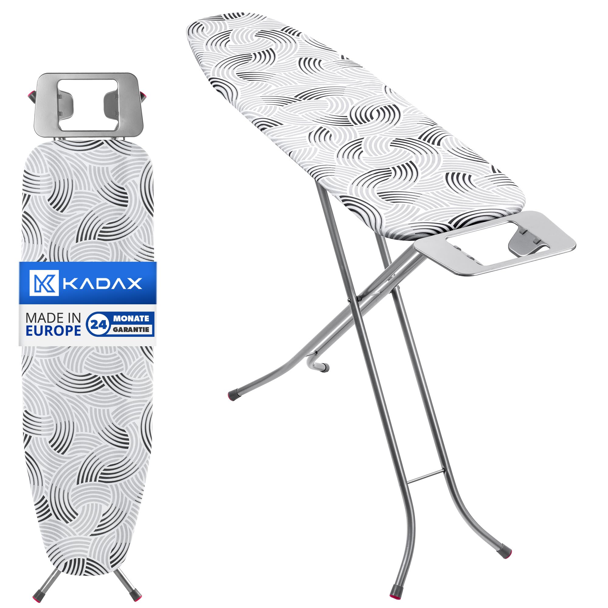 KADAX Deska do prasowania 114 x 34 cm do żelazek parowych z półką na żelazko i 5 mm podkładem, metalowa siatka odprowadza parę, antypoślizgowe stopki zapobiegają przesuwaniu
