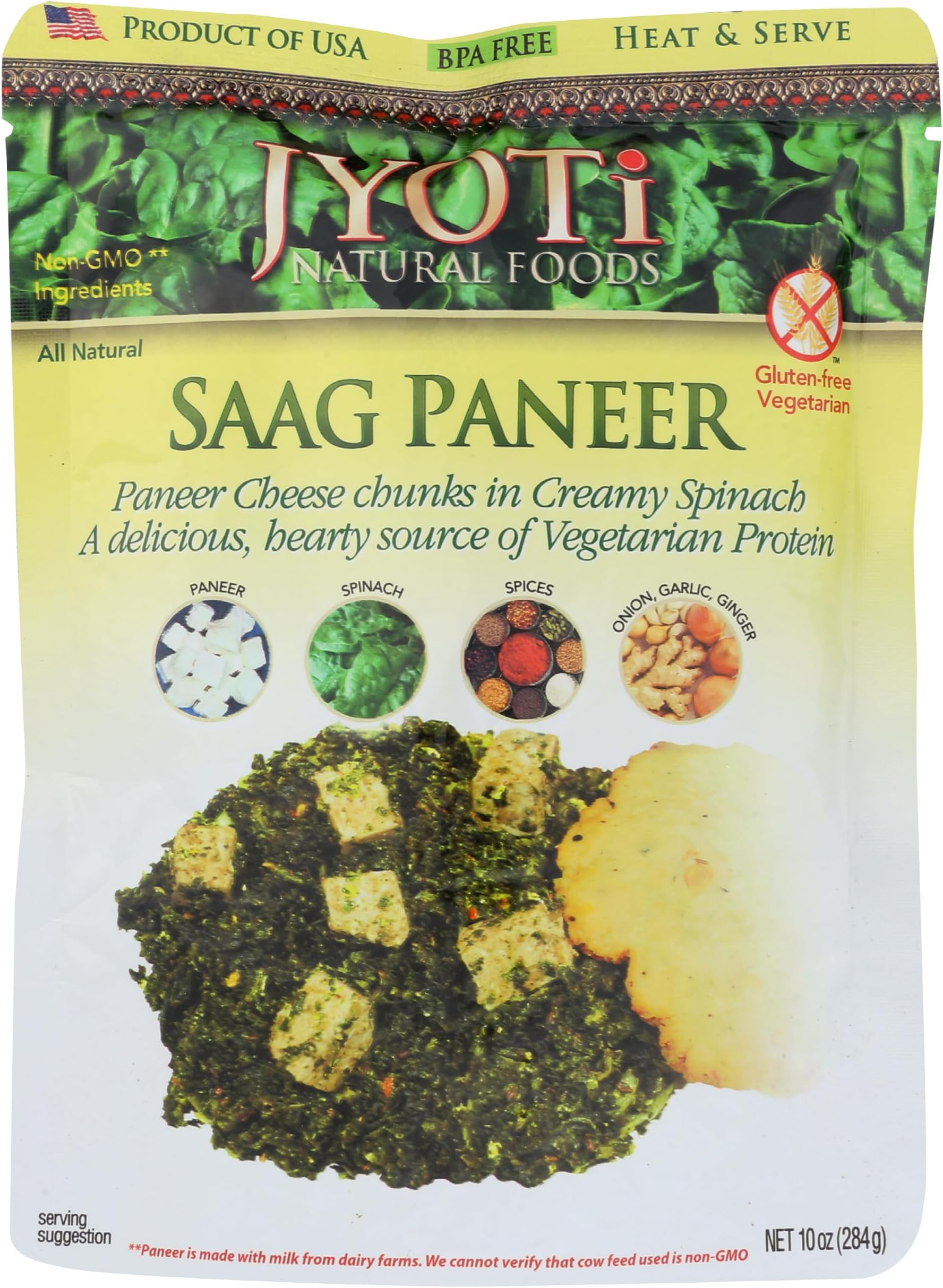 Jyoti Saag Paneer, 6 pouches of 10 oz each, All Natural, Product of USA, Gluten Free, Vegetarian, BPA Free