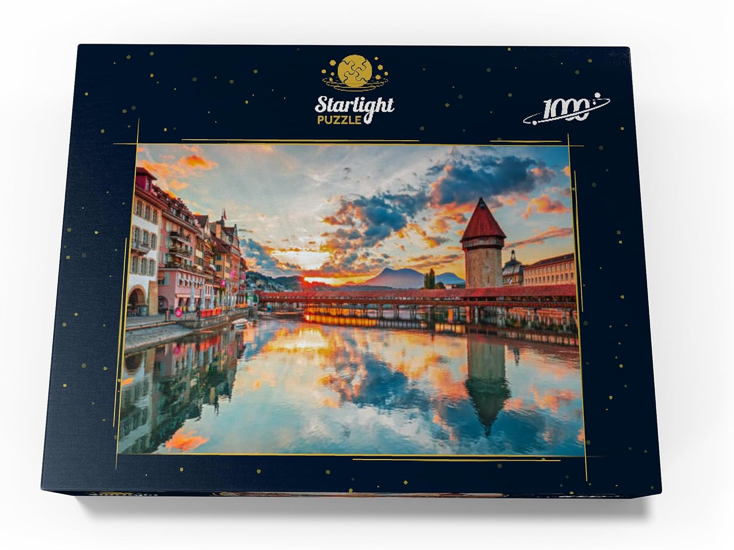 MyPuzzle Sunset in The Historical City Center of Lucerne with The Famous Chapel Bridge and Lake Lucerne, Canton Lucerne, Switzerland - Premium 1000 Piece Jigsaw Puzzle for Adults