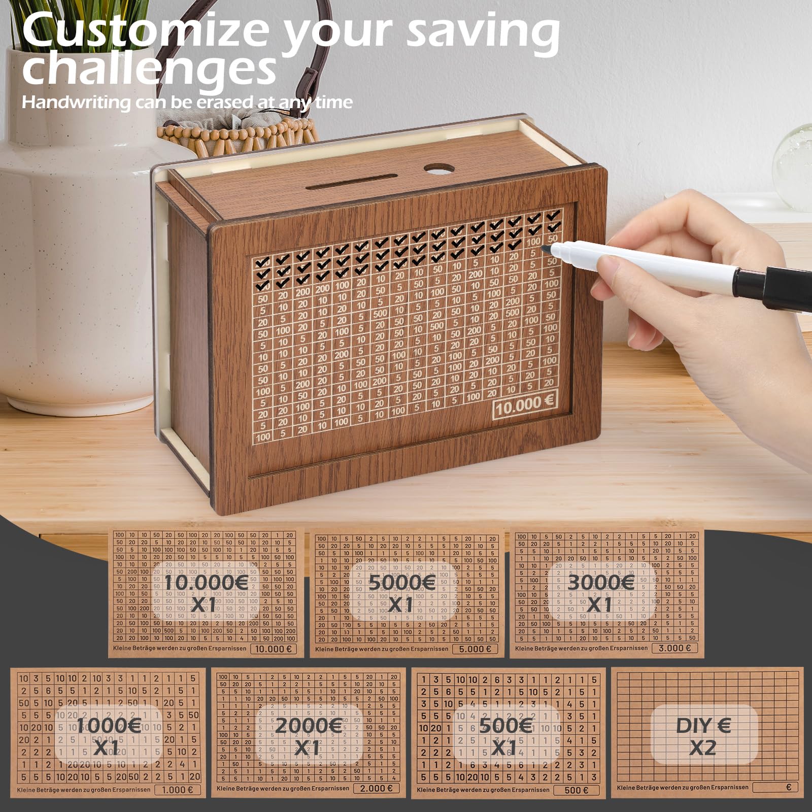 Salvadanaio In Legno Con Obiettivi Cancellabili - 10000€ Risparmio + Penna + 8 Adesivi - Per Bambini E Adulti - Foto 10