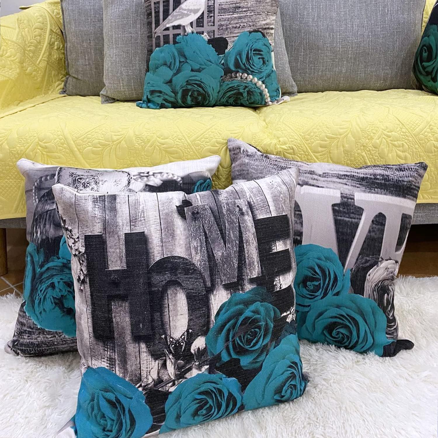 Turquoise Throw Pillows Covers 18x18 Set of 4 Farmhouse Grey Teal Pillow Cover for Couch Outdoor Patio Furniture Decorative Linen Cotton Rose Flower Cushion Case Living Room Bed Sofa Home Decorations