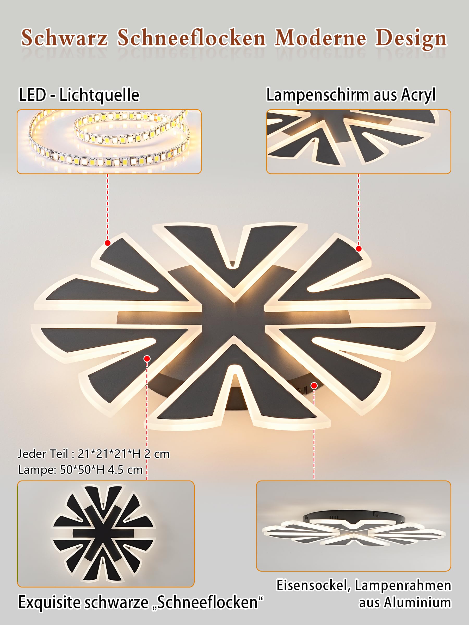 LED Deckenlampe Dimmbar schwarz Schneeflocken 50cm 5600lm 56 W | Fernbedienung/Mobile APP, Farbtemperatur 3000-6000K, Helligkeit 5-56W, 5W Nachtlicht, Memory-Funktion, Timer-Funktion