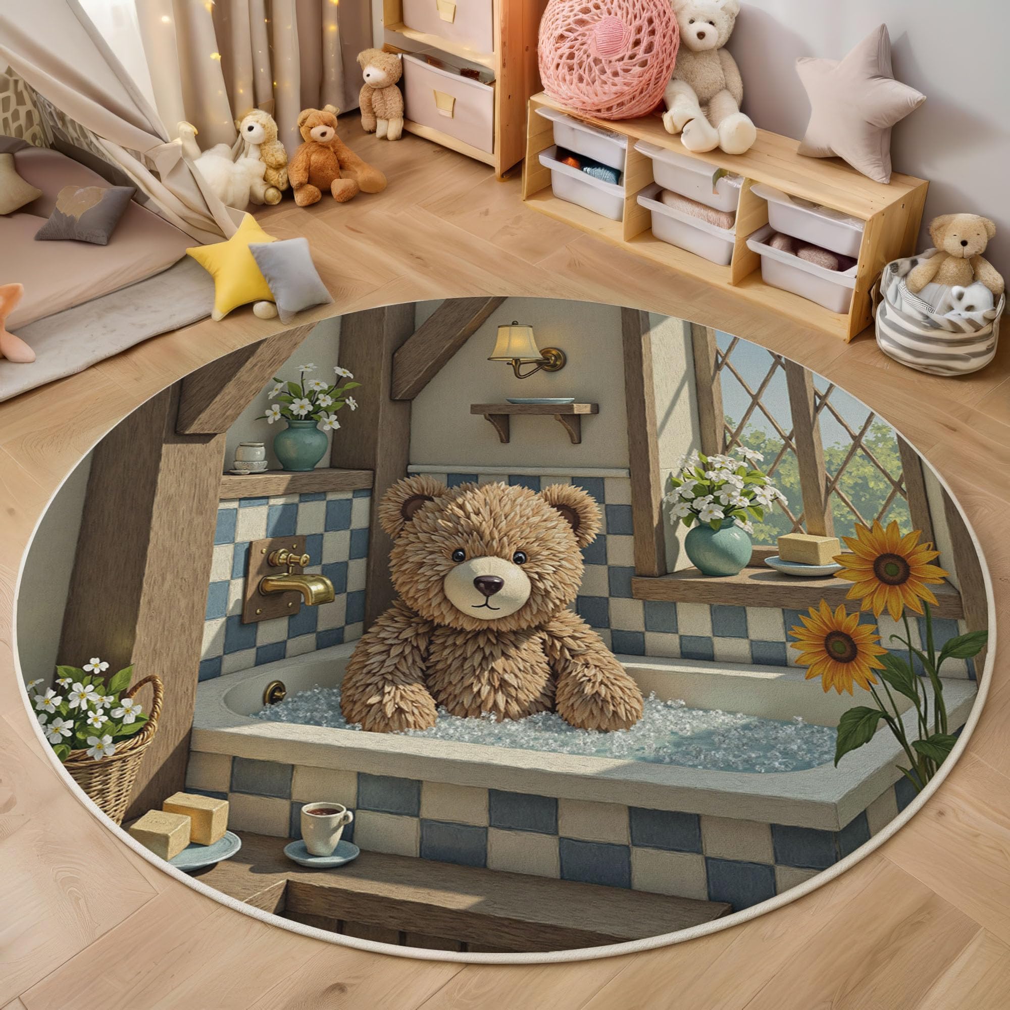 Tapis rond shaggy ours peluche brun foncé 140cm chambre doux