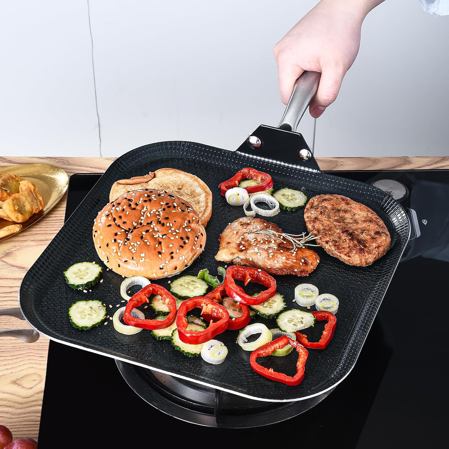 LOLYKITCH 11" Nonstick Square Griddle Pan - Tri-Ply Stainless Steel Flat Skillet for Pancakes - Ceramic Coating Griddle & Comal - Induction Ready Grill Frying Pan, Riveted Handle, PFOA Free