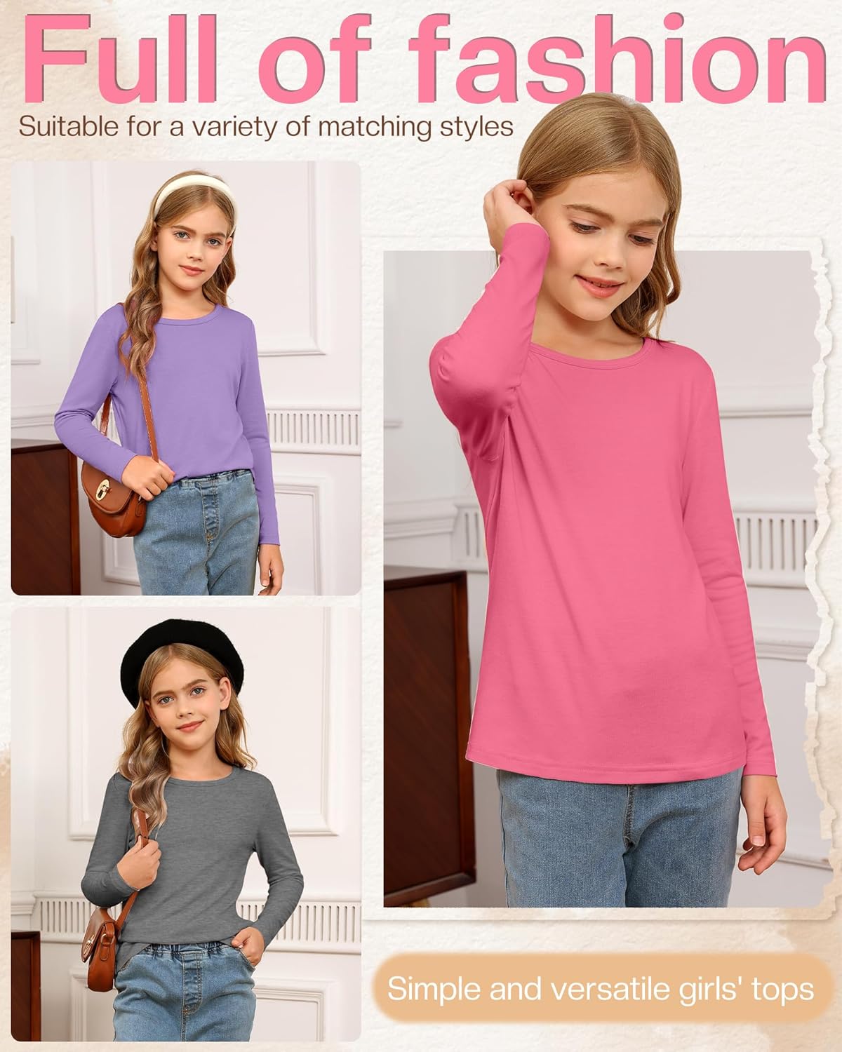 5 Pack Girls' Long Sleeve Shirts Kids Soft Crewneck Casual Loose Fit Layering Tops Basic Athletic Pullover Tee - Image 5