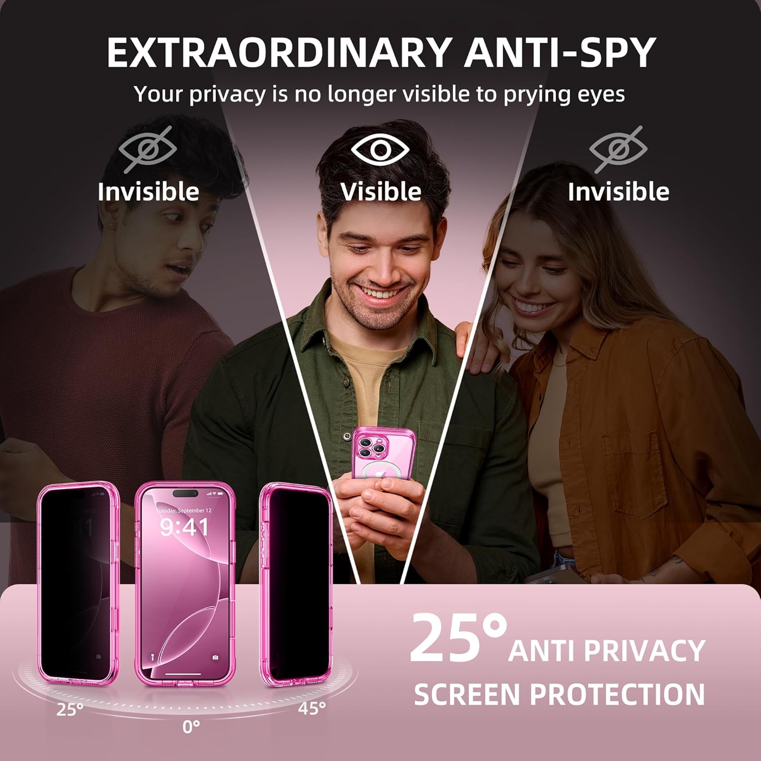 BERFY for iPhone 16 Pro Max Case, Compatible with MagSafe, Built-in Privacy Screen Protector and Camera Protection, Anti-Spy Full Body Shockproof Clear Phone Case for 16 Pro Max 6.9", Bright Pink - Image 2