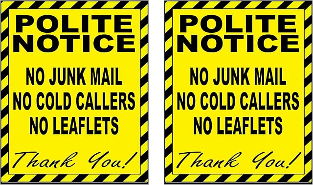 2 x No Cold Callers Junk Mail or Leaflets Door Warning Sign Self Adhesive Backed Stickers each 100 x 80mm