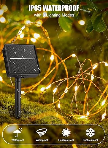 Miniatura 3 de Minetom Guirnalda de luces solares para exteriores, 33 pies, 100 luces LED solares para exteriores, 8 modos de luces de balcón para árbol, patio,