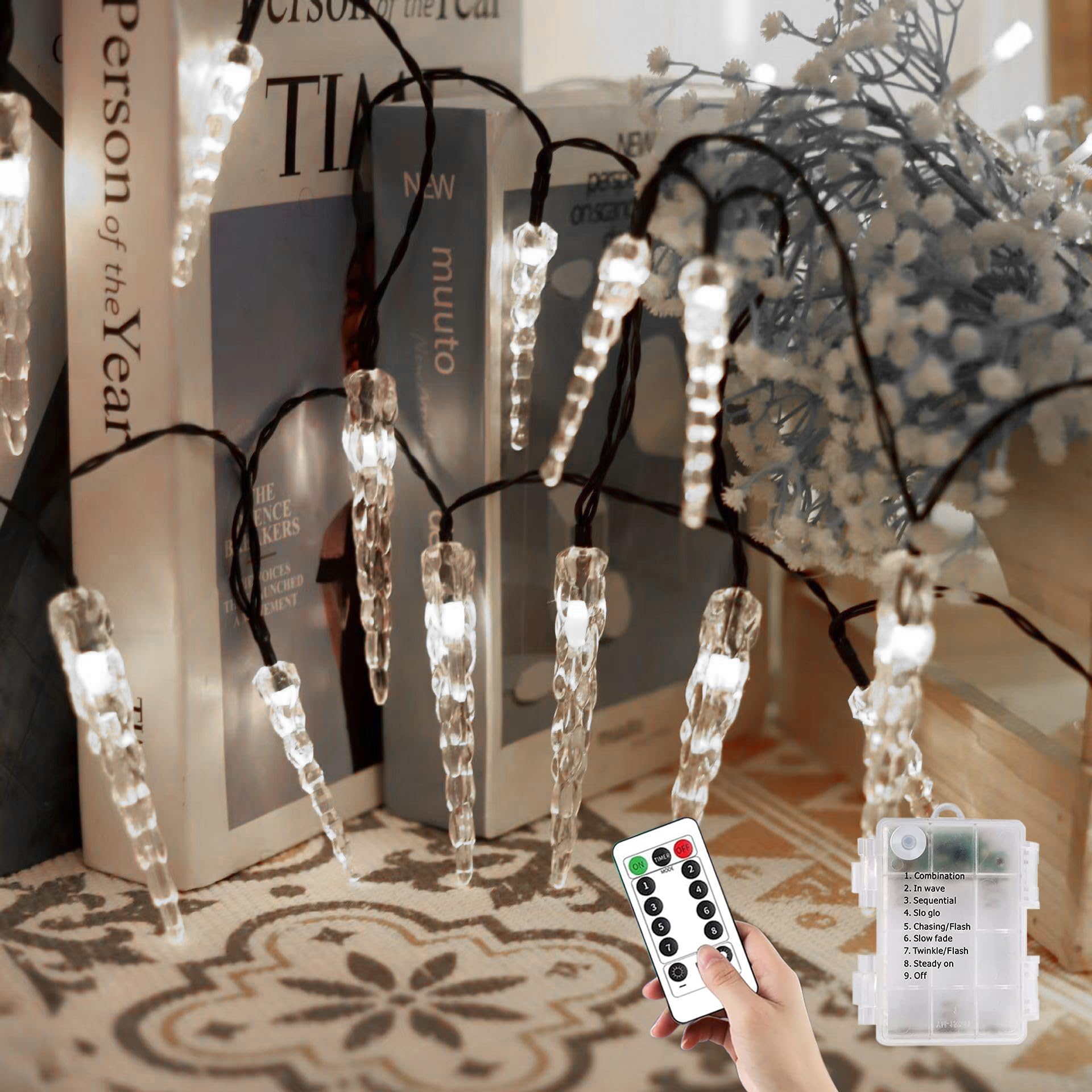 Lampy w kształcie sopli do użytku na zewnątrz, z pilotem na baterie, 5 m, 50 diod LED, bezprzewodowy pilot zdalnego sterowania, kryształowe, akrylowe, bajkowe oświetlenie, na Boże