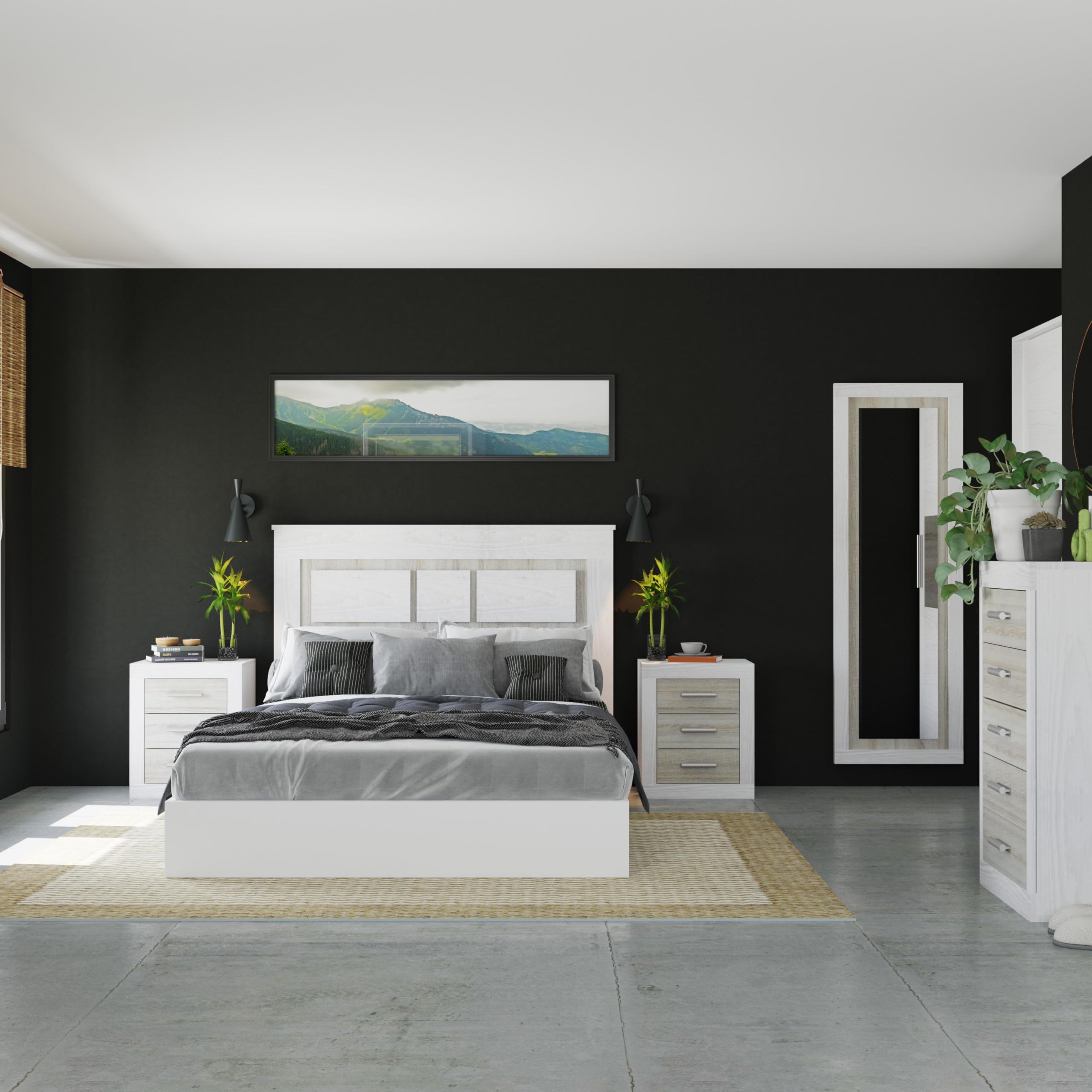 duehome | Conjunto de Dormitorio Kira 5c con Cabecero, 2 Mesitas de Noche, Sinfonier y Espejo, Acabado en Andersen Pino y Gris