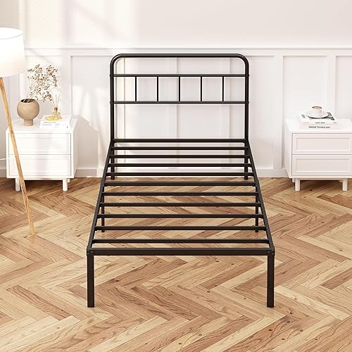 Miniatura 6 de Base de cama tamaño individual de 12 pulgadas con cabecera minimalista, base de plataforma de metal con listones de metal fuertes, base de colchón