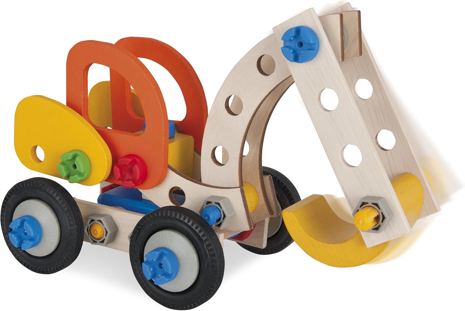 Completed wooden crane or articulated vehicle model from the building set