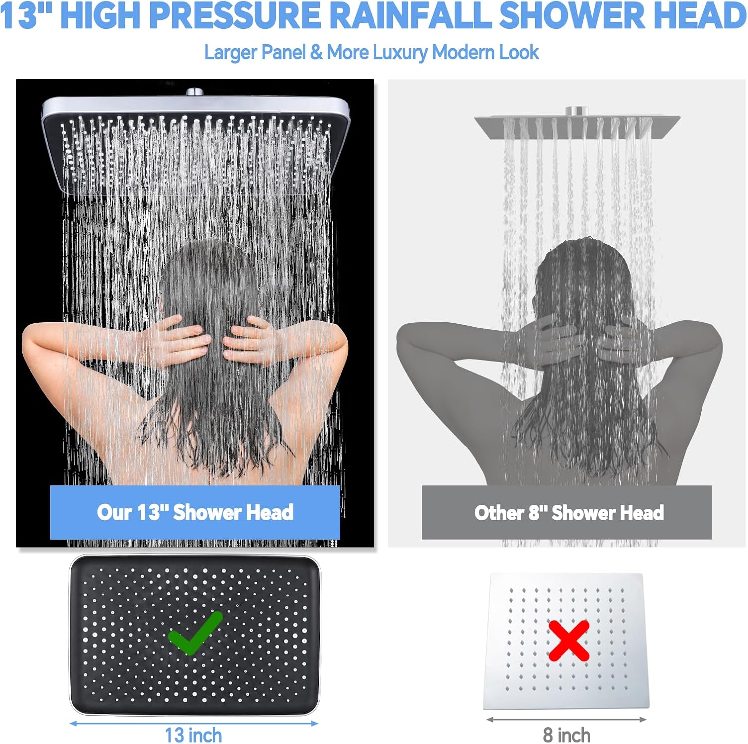 13 Inch Shower Head With Handheld Spray Combo, High Pressure Waterfall Showerhead Rain Shower Head With Handheld Tandem Showerhead With 12 Inch Extension Arm, Brass Shower Diverter (Polished Chrome)