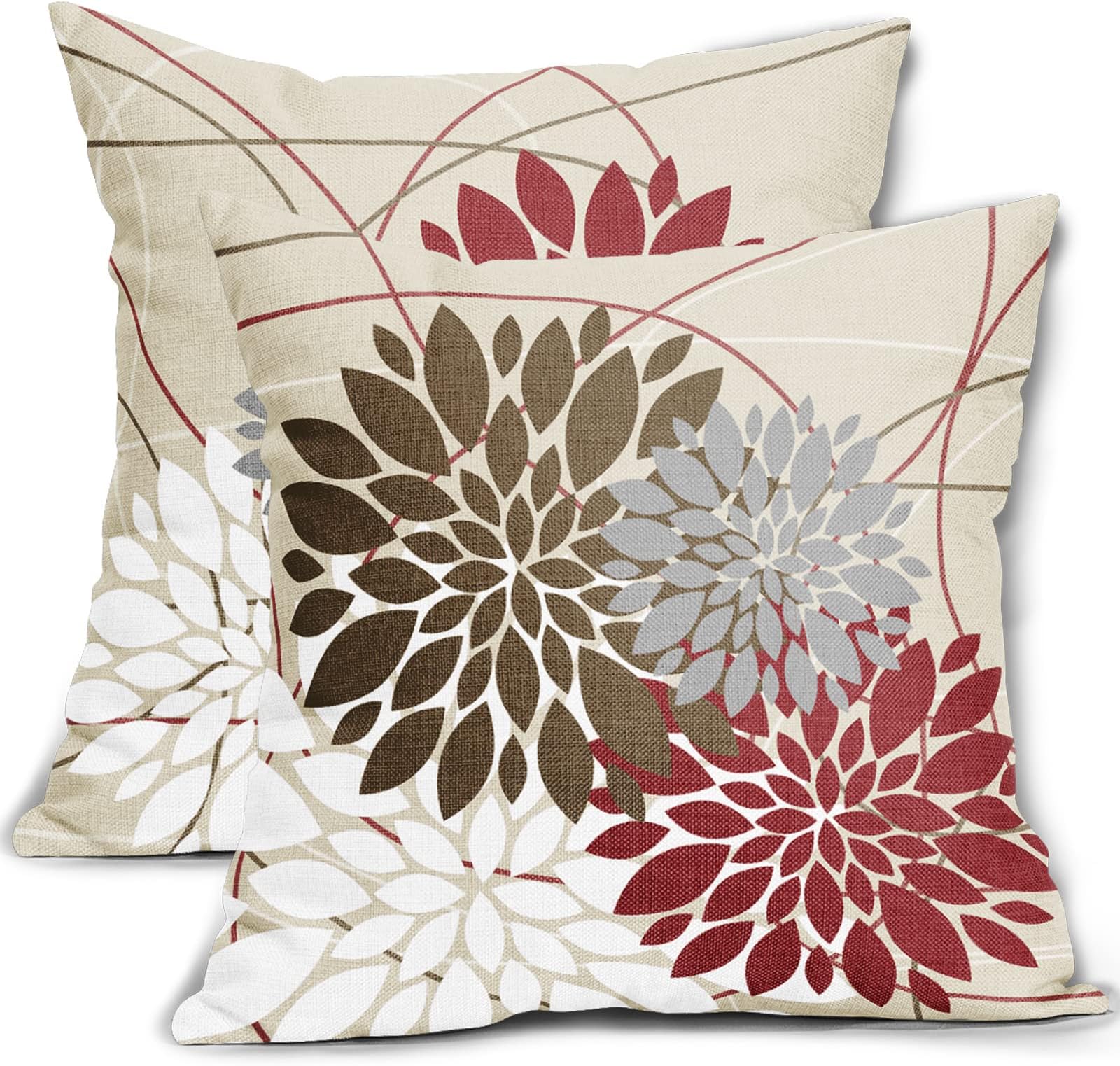 Sweetshow Brown Red Pillow Covers 18x18 Dahlia Flower White Gray Elegant Colored Throw Pillows Farmhouse Outdoor Decor for Home Living Room Sofa Bed Modern Floral Linen Square Cushion Case, Set of 2