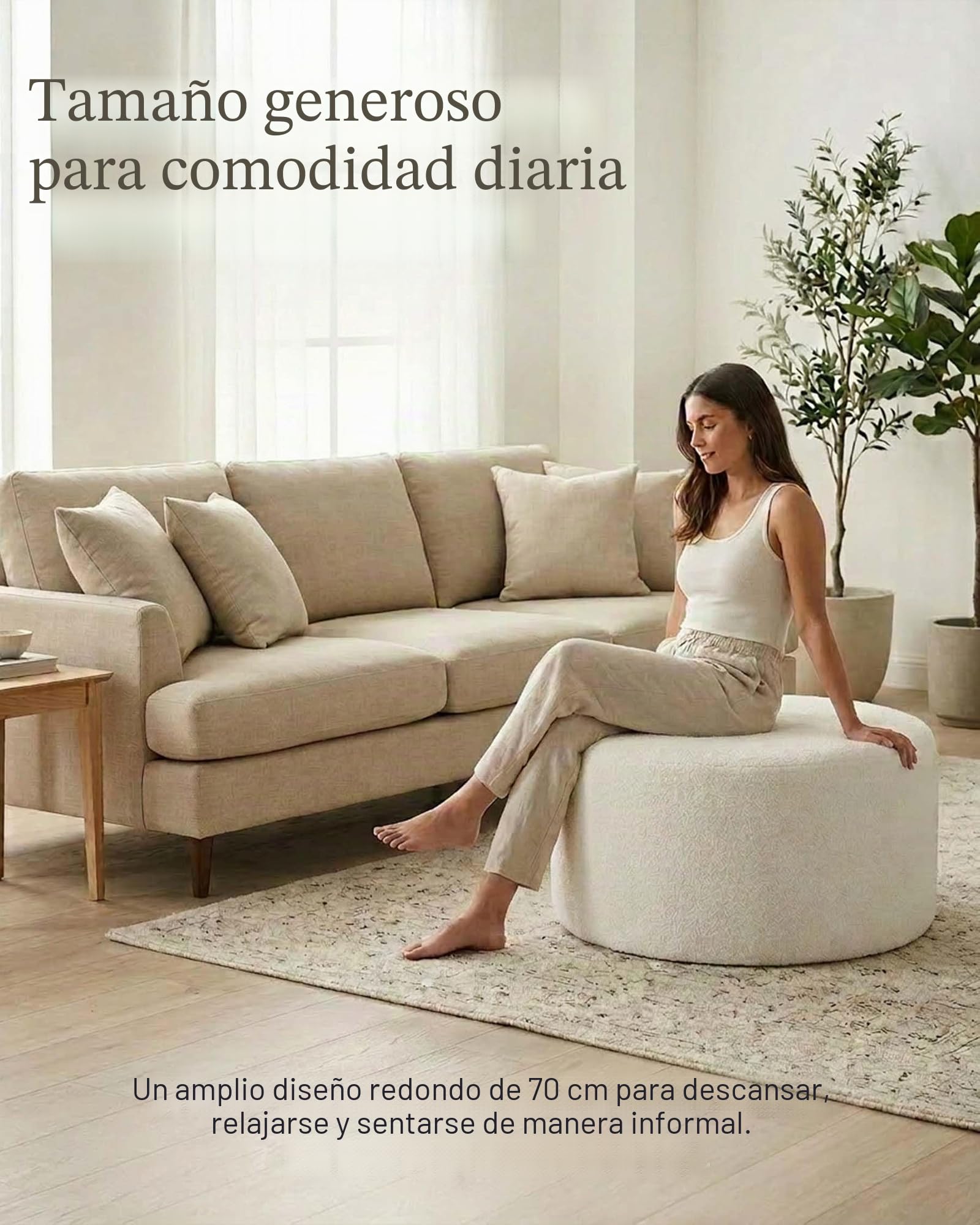 Puff - Puff redondo de 70 cm, color beige, reposapiés suave de tela Teddy, asiento cómodo para sofá, sillón y dormitorio, 70 x 70 x 40 cm