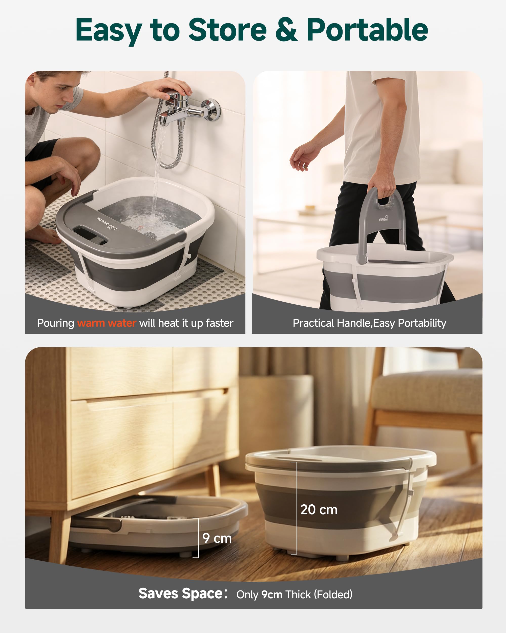 Snailax Bañera y masajeador de pies con función de calor, bañera plegable con vibración, función de burbujas y control de temperatura, masajeador eléctrico para pies: regalos para mujeres y hombres