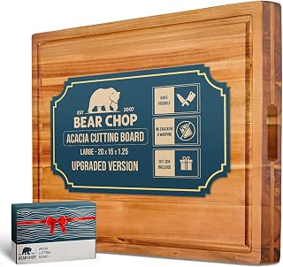 Bearchop Acacia Wood Cutting Board for Kitchen, Butcher Block with 2-Side Reinforced Bar for Crack/Warp Resistance, [20"x15"x1.25"] Large Wooden Cutting Boards with Juice Groove, Handle and Gift Box