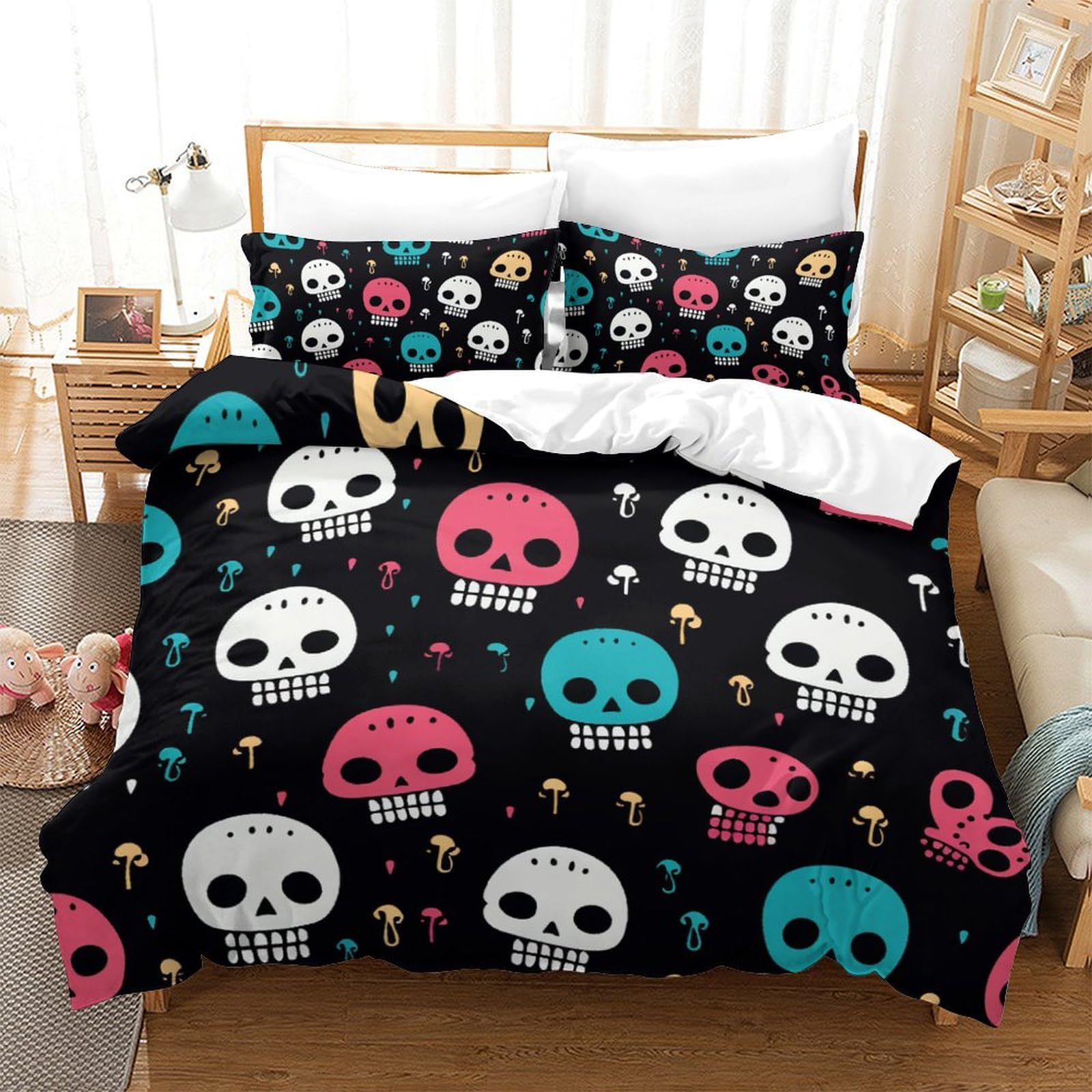 Housse de couette crâne moderne 220x240cm avec 2 taies d'oreiller