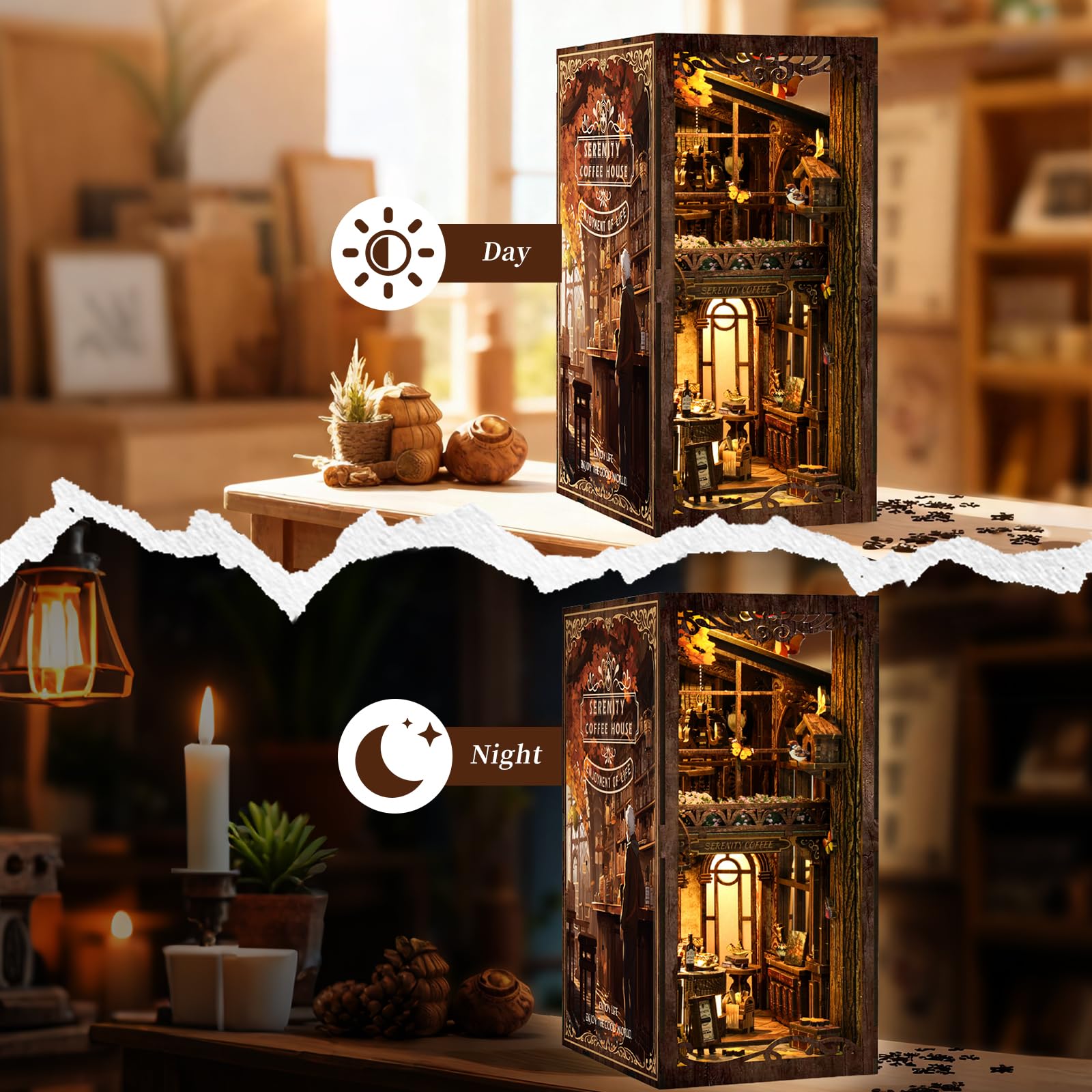 GuKKK Book Nook Kit, Own Bookstore Booknook Puzzle in Legno 3D, Costruzione di Modellini con Mobili e Luce LED in Legno Book Scaffale Inserto Decorazione, Regalo di Vacanza (Caffetteria)