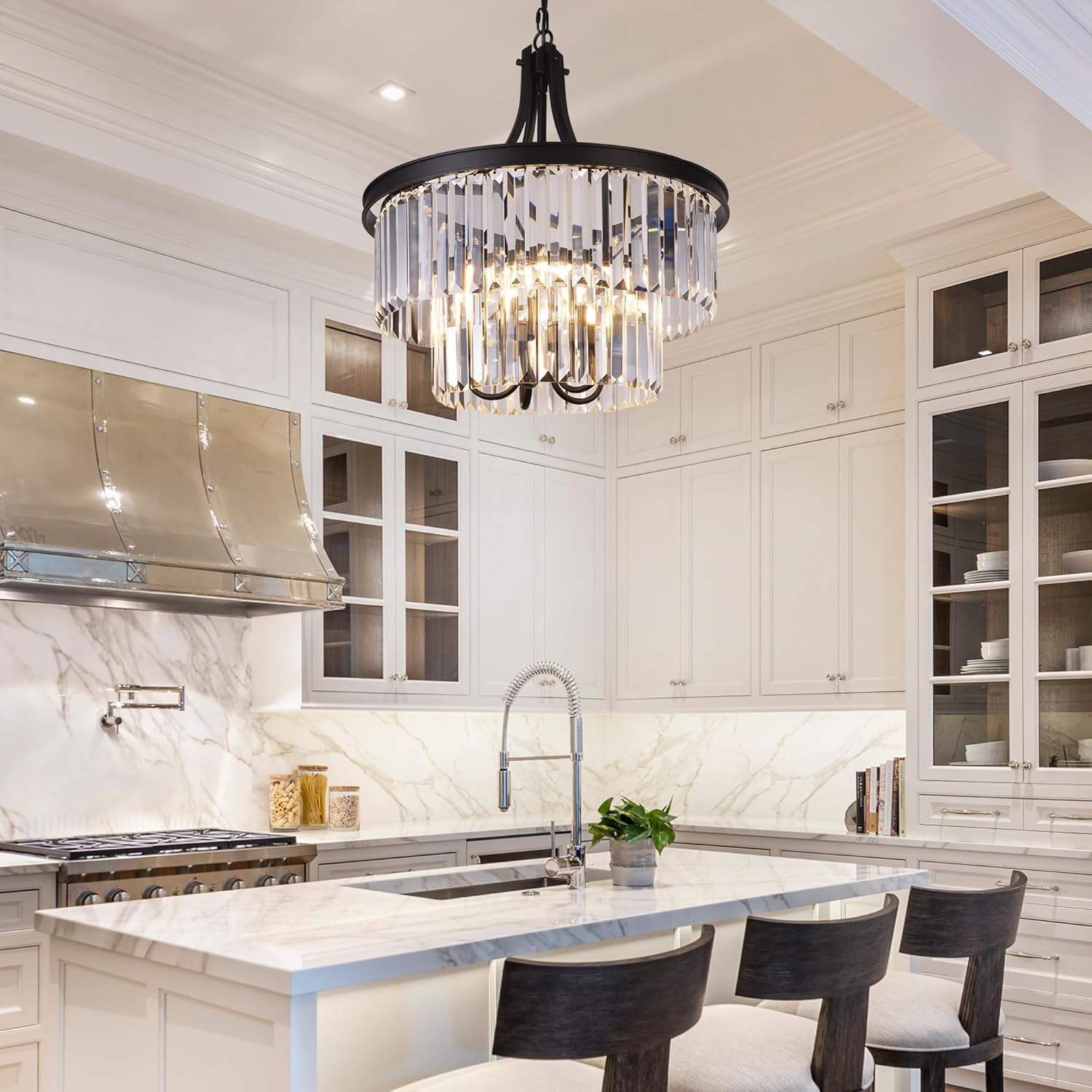 Wellmet Crystal Chandeliers for Dining Room Lights Fixtures, 5 Light Black Chandeliers for Bedroom, 2-Tier Round Crystal Lighting Fixtures for Living Room Entryway Kitchen Island D19.68 Inch