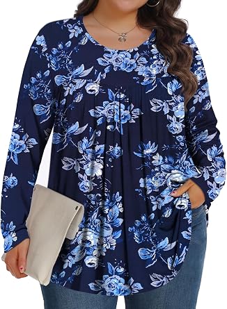Tencede Women Plus Size Tops Long Sleeve Shirts Casual Loose Tunic Blouse