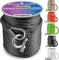 Vista 38 de Cuerda de anclaje premium de 50 pies x 1/2 pulgadas, línea de anclaje trenzada sólida MFP para barco con dedal y grillete - Negro