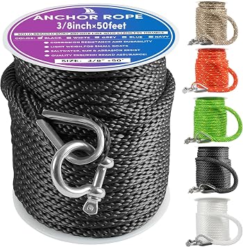 Premium Anchor Rope 50 ft x 3/8 inch, Solid Braid MFP Anchor Line Boat Rope with Thimble & Shackle - Black
