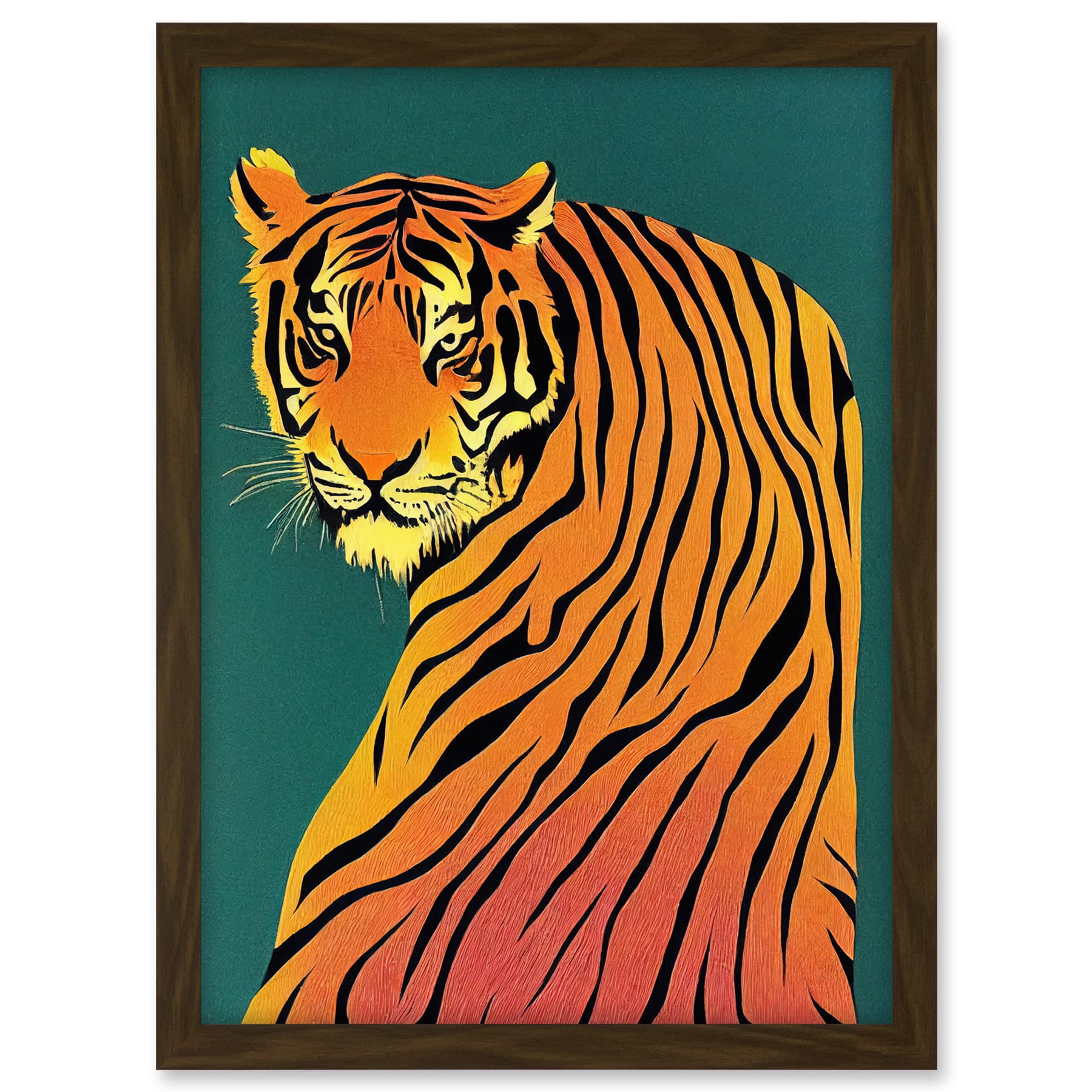 Wee Blue Coo Modern Tiger Portrait on Teal Orange Bold Artwork Framed A3 Wall Art Print