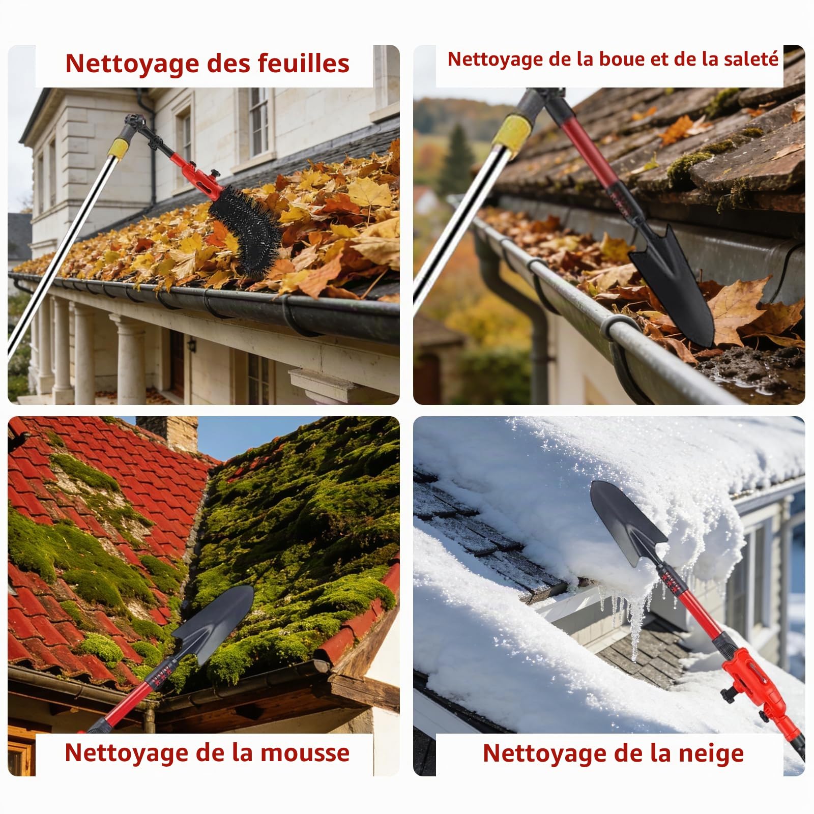 Nettoyeur de gouttières avec manche télescopique de 4 m, kit de nettoyage de gouttière télescopique 3-en-1, avec tête pivotante à 180°, râteau, pelle et brosse de gouttière pour feuilles, saleté