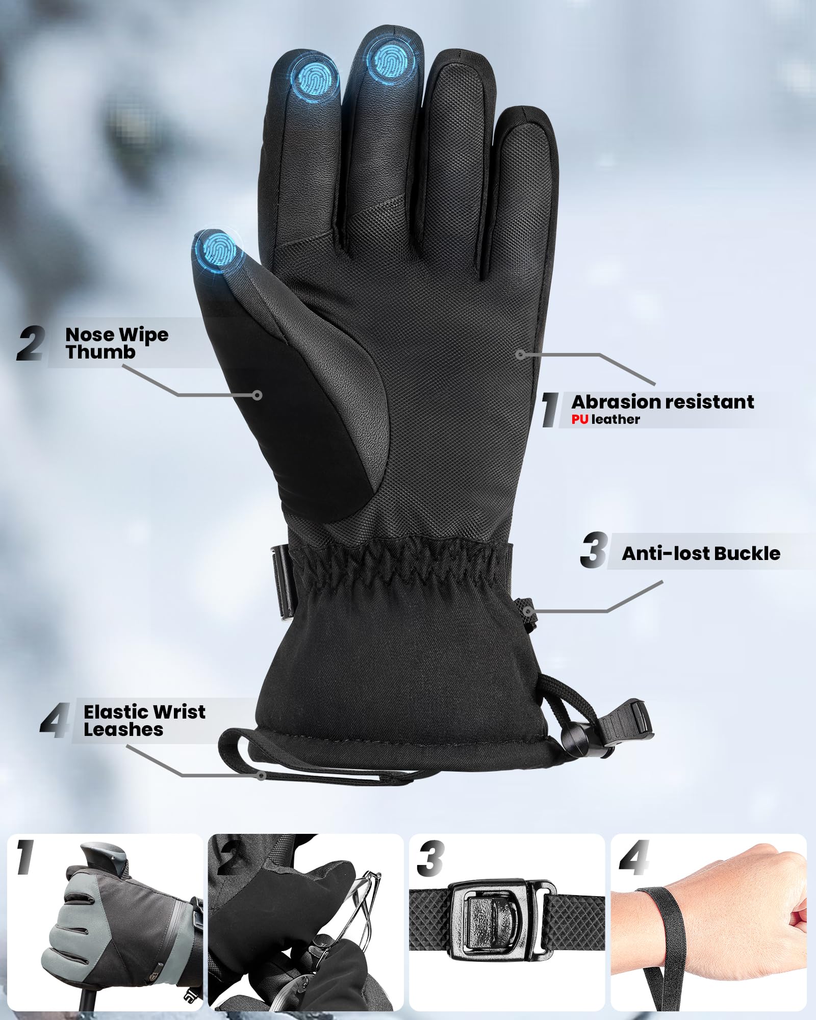 OutdoorMaster Gants de Ski et de Neige pour Homme et Femme 3M Thinsulate, Gants d'hiver Chauds pour écran Tactile, Thermiques et imperméables avec Double Poche pour Le Ski, Le Snowboard, Les Sports