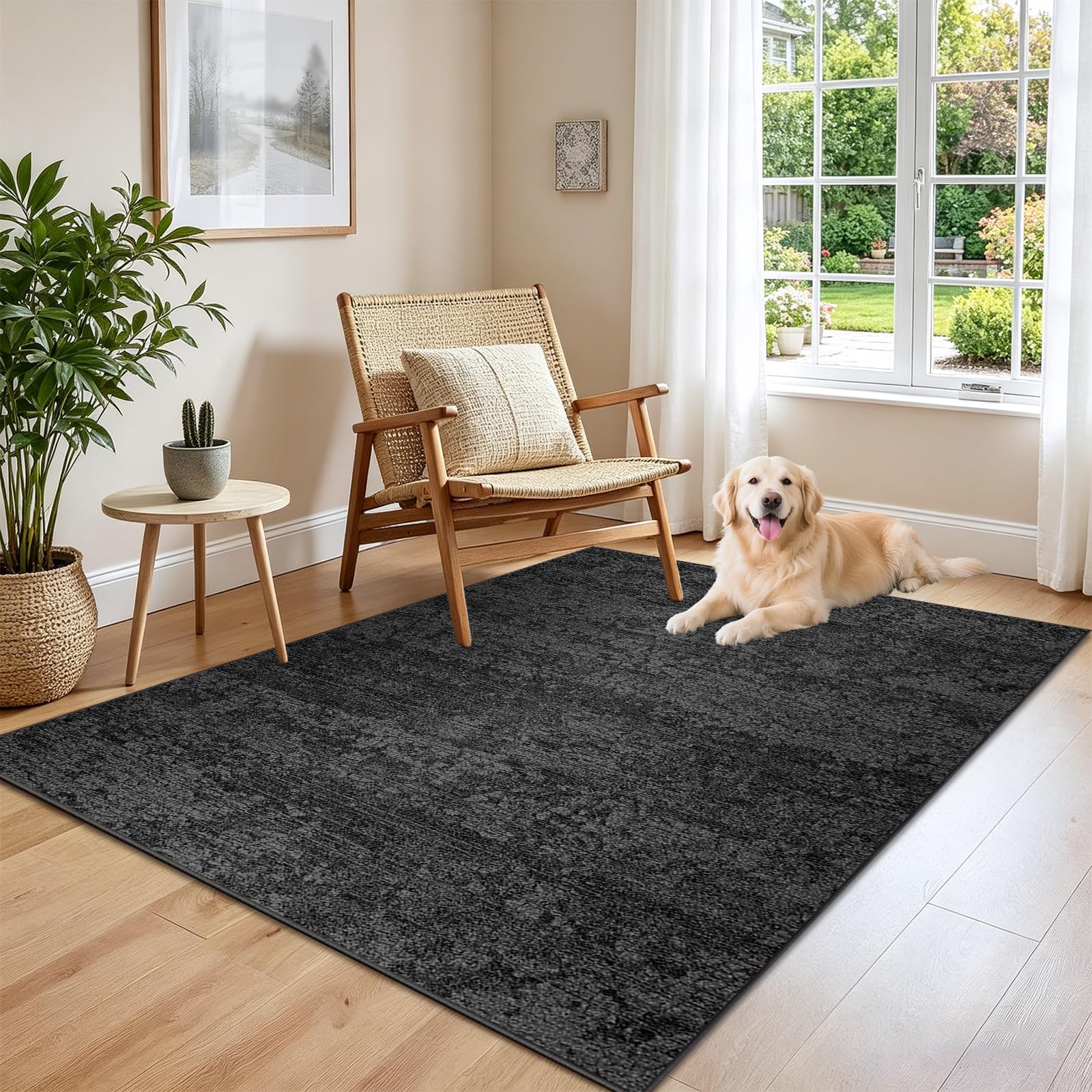Grand tapis de salon 200x270 cm noir lavable style vintage rectangulaire