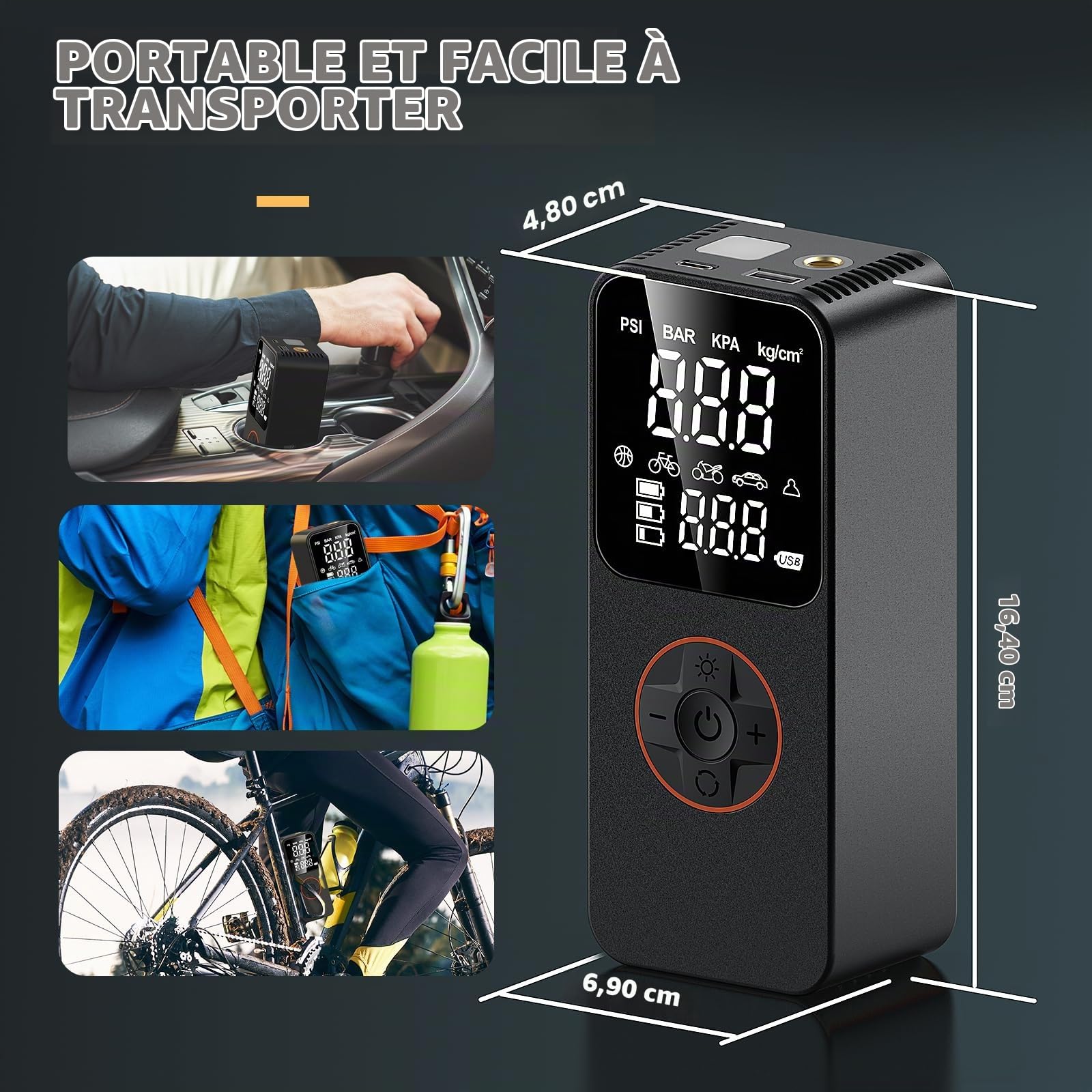 Gonfleur Pneus Voiture Électrique Sans Fil Mini Compresseur à Air Portatif 150 PSI avec Arrêt Auto & LED, Inflation Rapide, Batterie 6000mAh, Charge USB-C, pour Voiture/Moto/Vélo/Ballon, Noir
