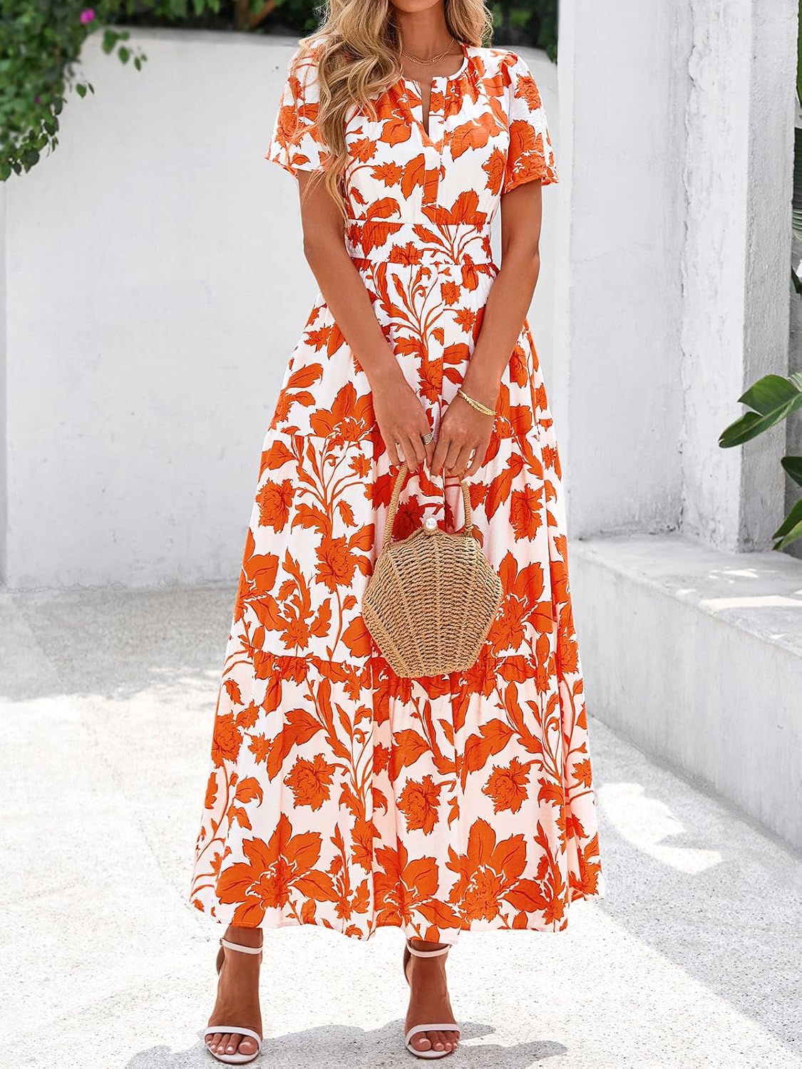 BTFBM Womens Summer Floral Maxi Dresses V Neck Short Sleeve Boho Casual Flowy Long Wedding Guest Dress Beach Vacation - Image 5