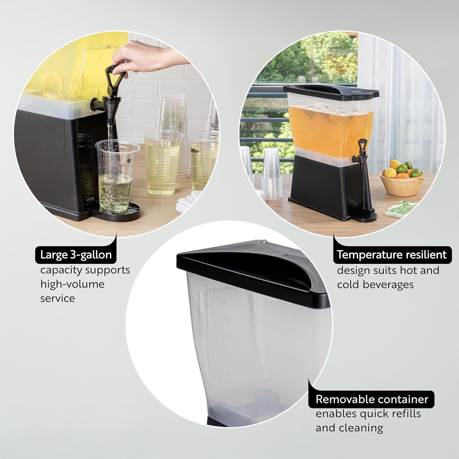 Restaurantware Bev Tek 3 Gallon Drink Dispenser 1 Dishwashable Beverage Dispenser - Detachable Tank Includes Decals Black Plastic Carnival Juice Dispenser With Stand Push-Button Spigot