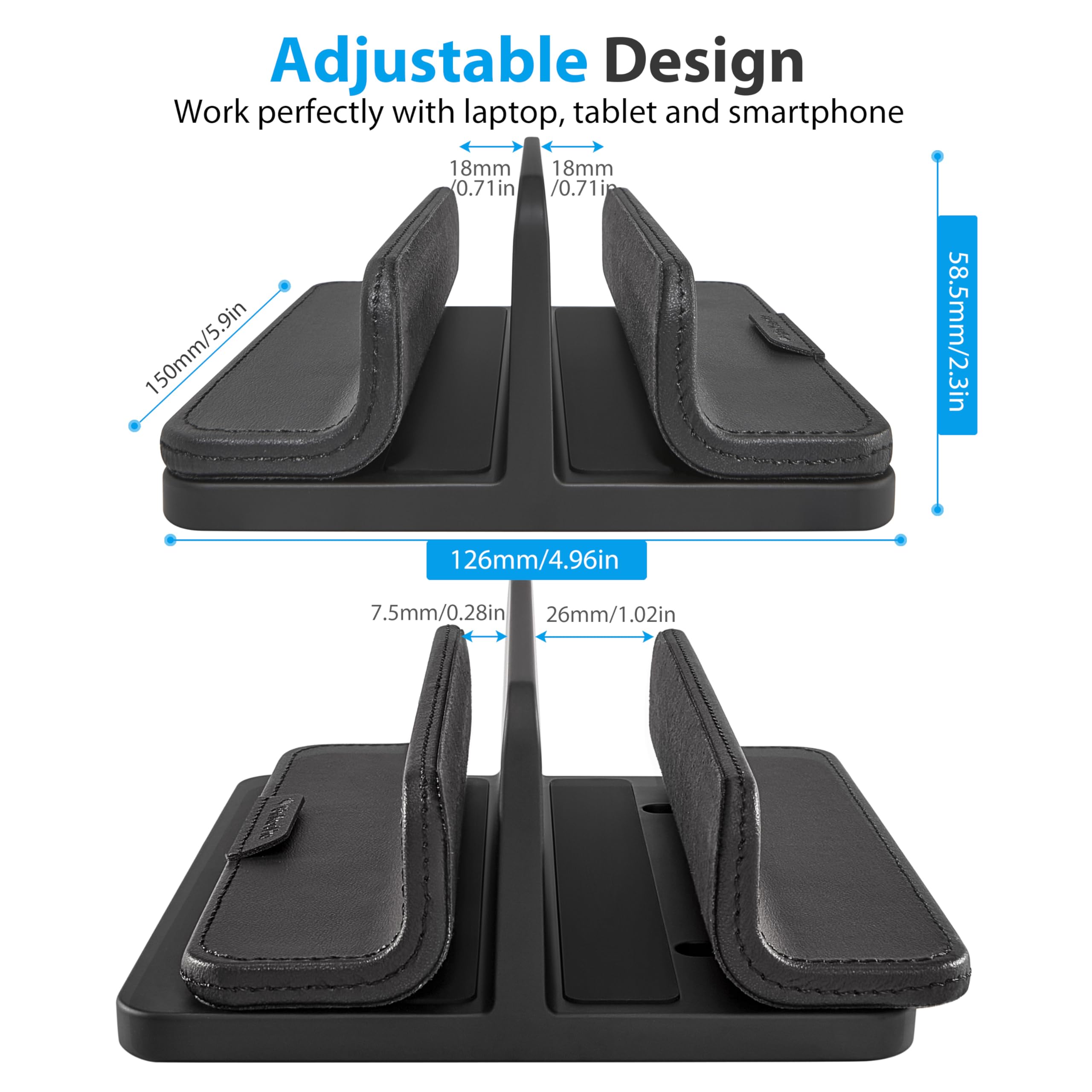 Supporto verticale doppio per laptop, 3 in 1, supporto verticale da scrivania con dock regolabile (fino a 43,3 cm), organizer da scrivania in pelle per telefono, tablet, MacBook, HP, Dell, Chrome Book