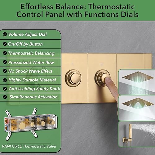 Miniatura 5 de VANFOXLE Juego de grifos de ducha con sistema de ducha de temperatura dorado cepillado, grifo de ducha desviador de botón con montaje en techo,