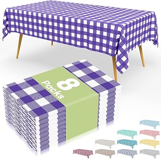 Smiry 8 Packs Gingham Disposable Table Cloth, 54 x 108 Inch Waterproof Plastic Tablecloth, Rectangle Purple and White Checkered Table Covers for Picnic, Birthday, Party