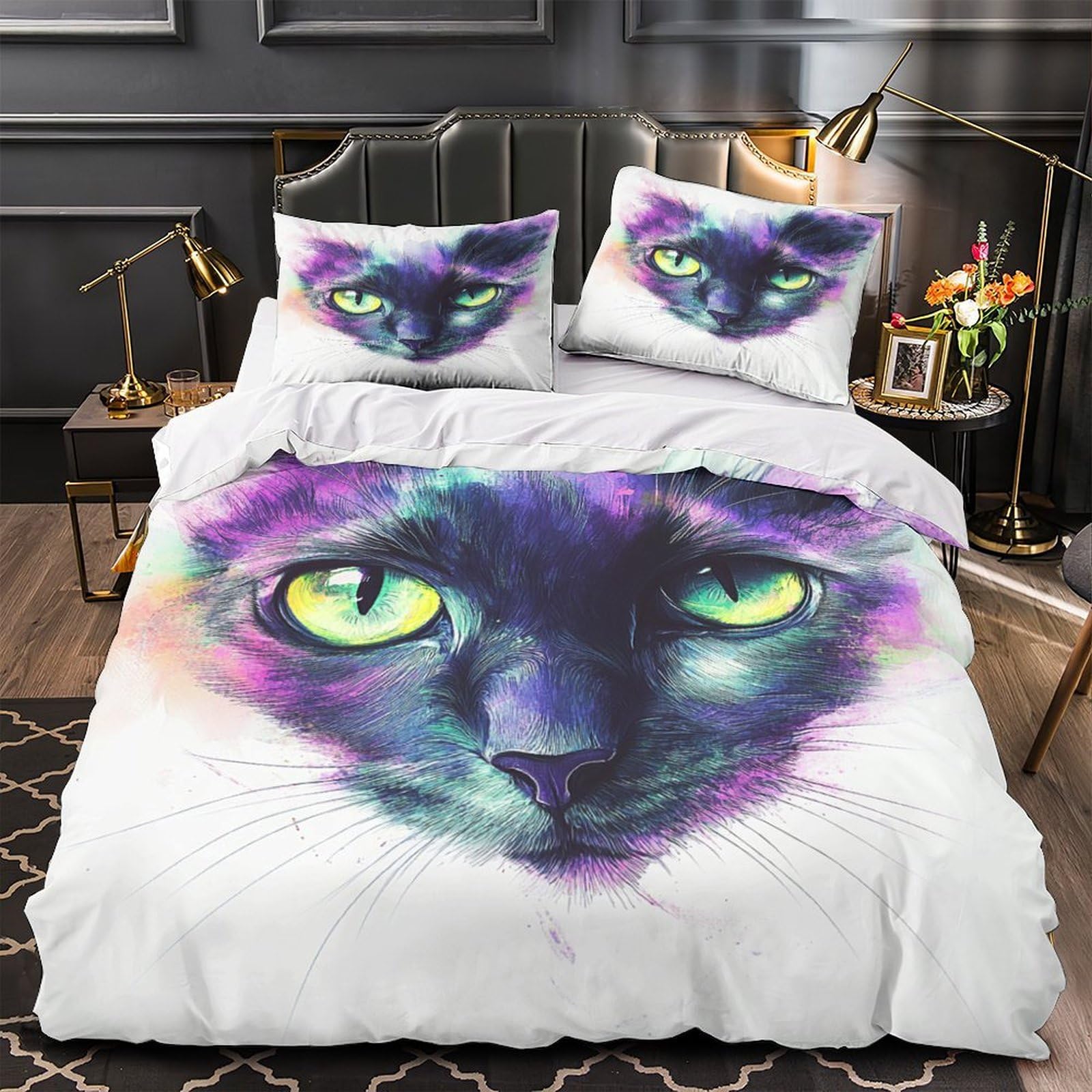 Housse de couette chat 260x220cm entretien facile anti-décoloration pour lit king