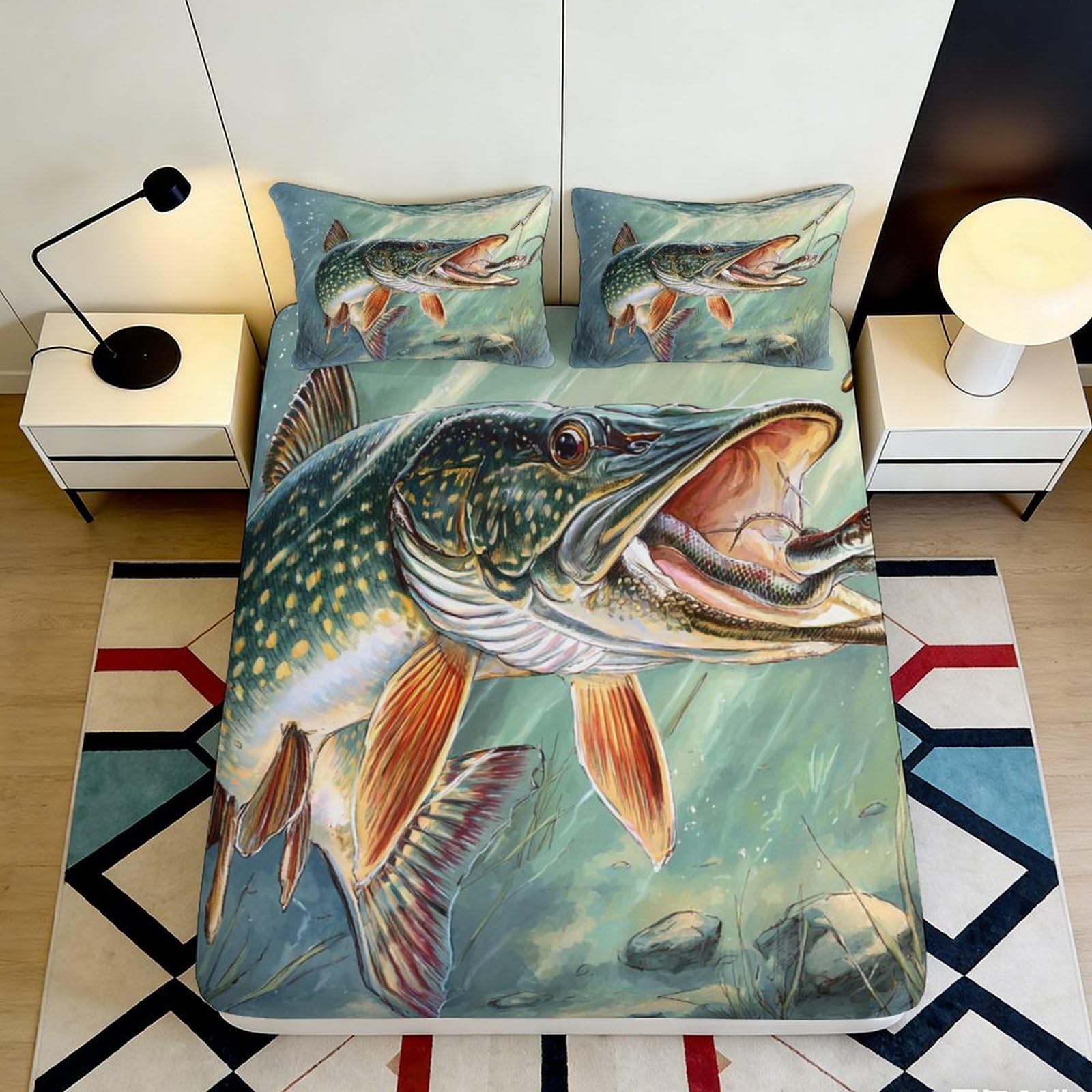 3D Printed Lively Pike Fitted Sheet Microfiber Soft Fish Lake Mattress Cover for Bedroom Guest Room Decor Protection 90x200x25cm