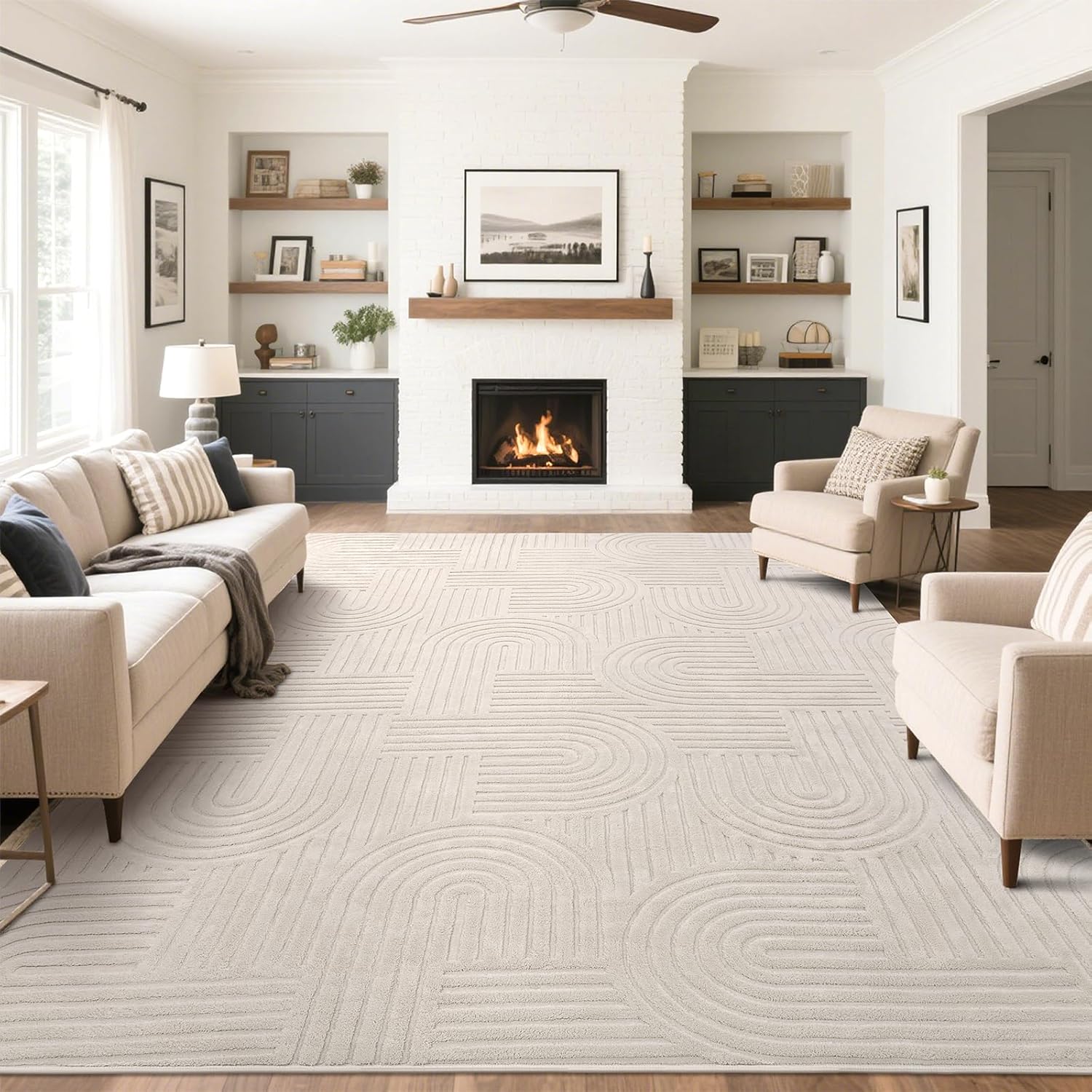 SHACOS Soft Cozy Fluffy Arch Pattern High-Low Pile Area Rugs 8'x10' Large Non Slip Washable Modern Geometric Rug Scandinavian Minimalist Carpet for Living Room Bedroom Dining Room, Beige 8'x10' Beige