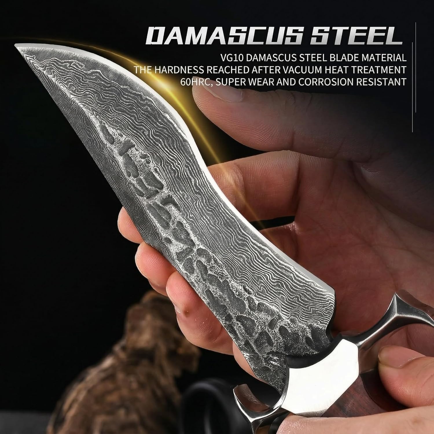 10.2" Fixed Blade Outdoor Hunting Knife, Damascus Pattern 9Cr18 Stainless Steel Forged Blade with Hammered Finish, Ergonomic Wood Handle & Embossed Leather Sheath, Ideal for Camping, Survival & Hiking